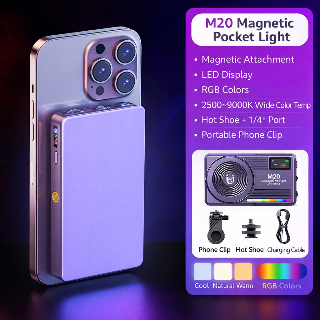 Luce LED Tascabile Magnetica RGB Display OLED | Luce per Video e Live Streaming |2500–9000K | 22 Effetti FX | Batteria 2000mAh - M20