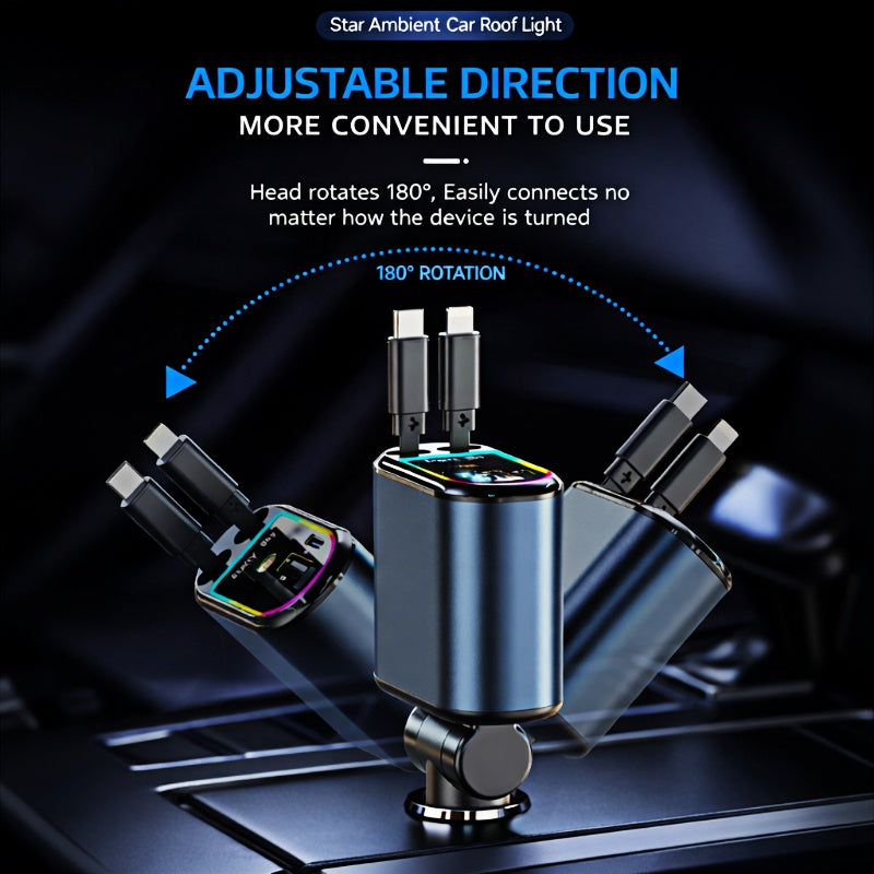 Caricatore Auto 120W con Proiezione Cielo Stellato|2 cavi integrati (Lightning + Type-C) + 2 porte (USB-A + USB-C)|Ricarica fino a 4 dispositivi - B1