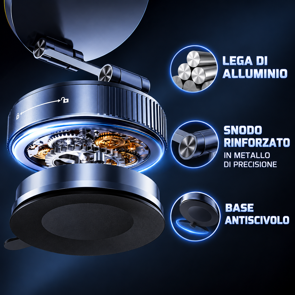 Supporto Magnetico per Smartphone K13 con Ricarica Wireless 15W e Luce RGB – Ventosa a Vuoto, Rotazione 360°, Braccio Pieghevole Regolabile, Base con Blocco a Rotazione per Auto, Scrivania e Casa-K13