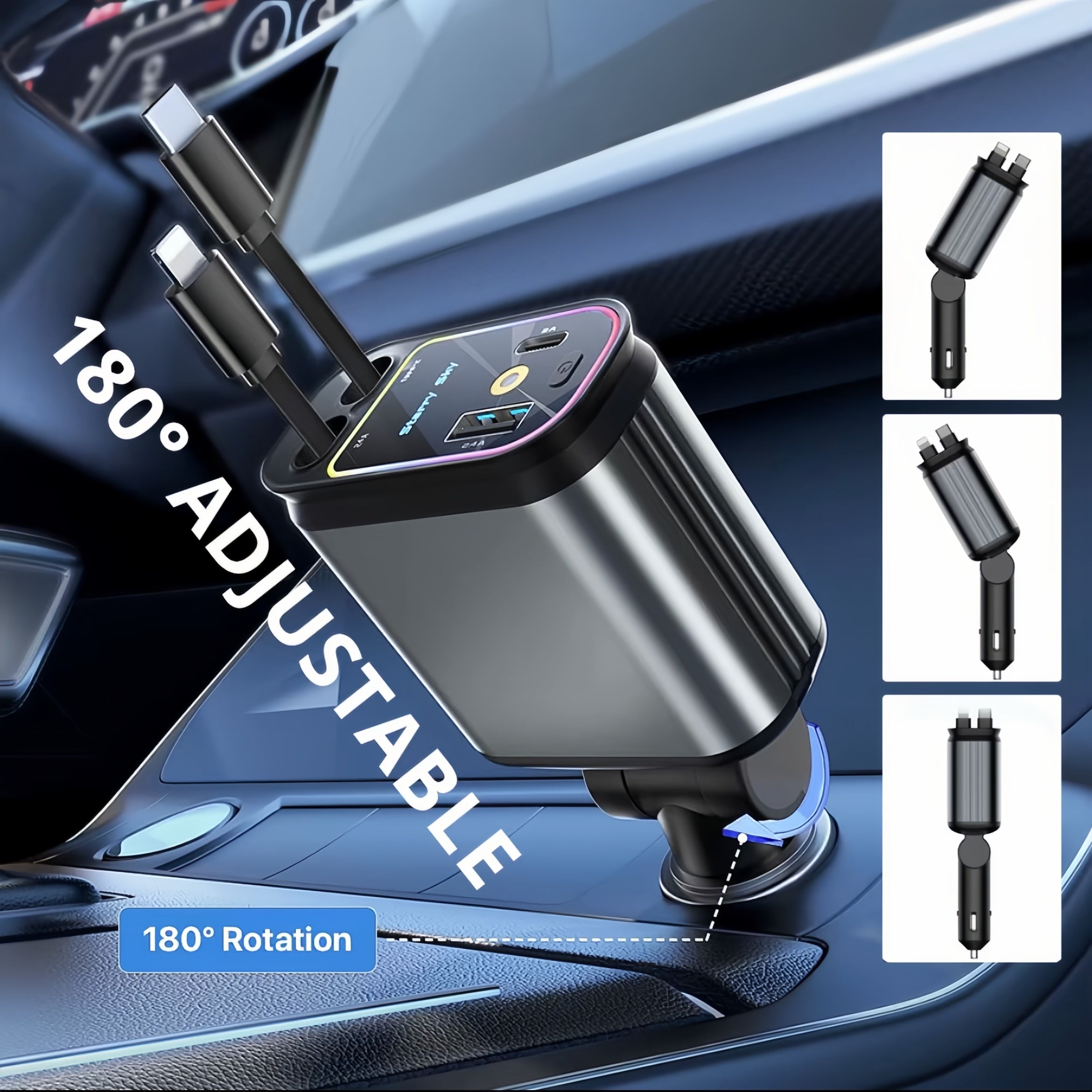 Caricatore Auto 120W con Proiezione Cielo Stellato|2 cavi integrati (Lightning + Type-C) + 2 porte (USB-A + USB-C)|Ricarica fino a 4 dispositivi - B1