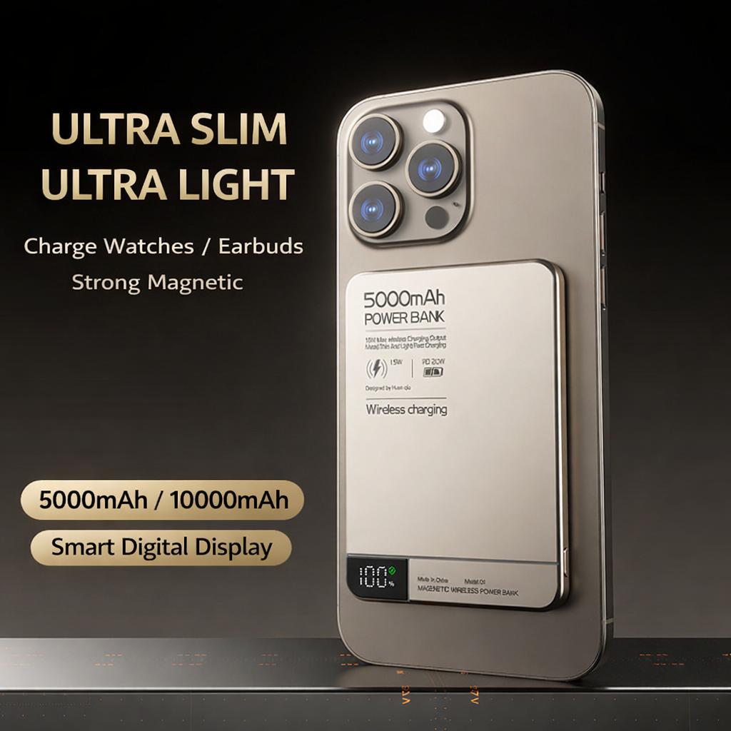 Power Bank Magnetico Ultra Sottile 5000/10000mAh | Ricarica Wireless 15W |Display LED | Compatibile iPhone e Android – Q1/Q2