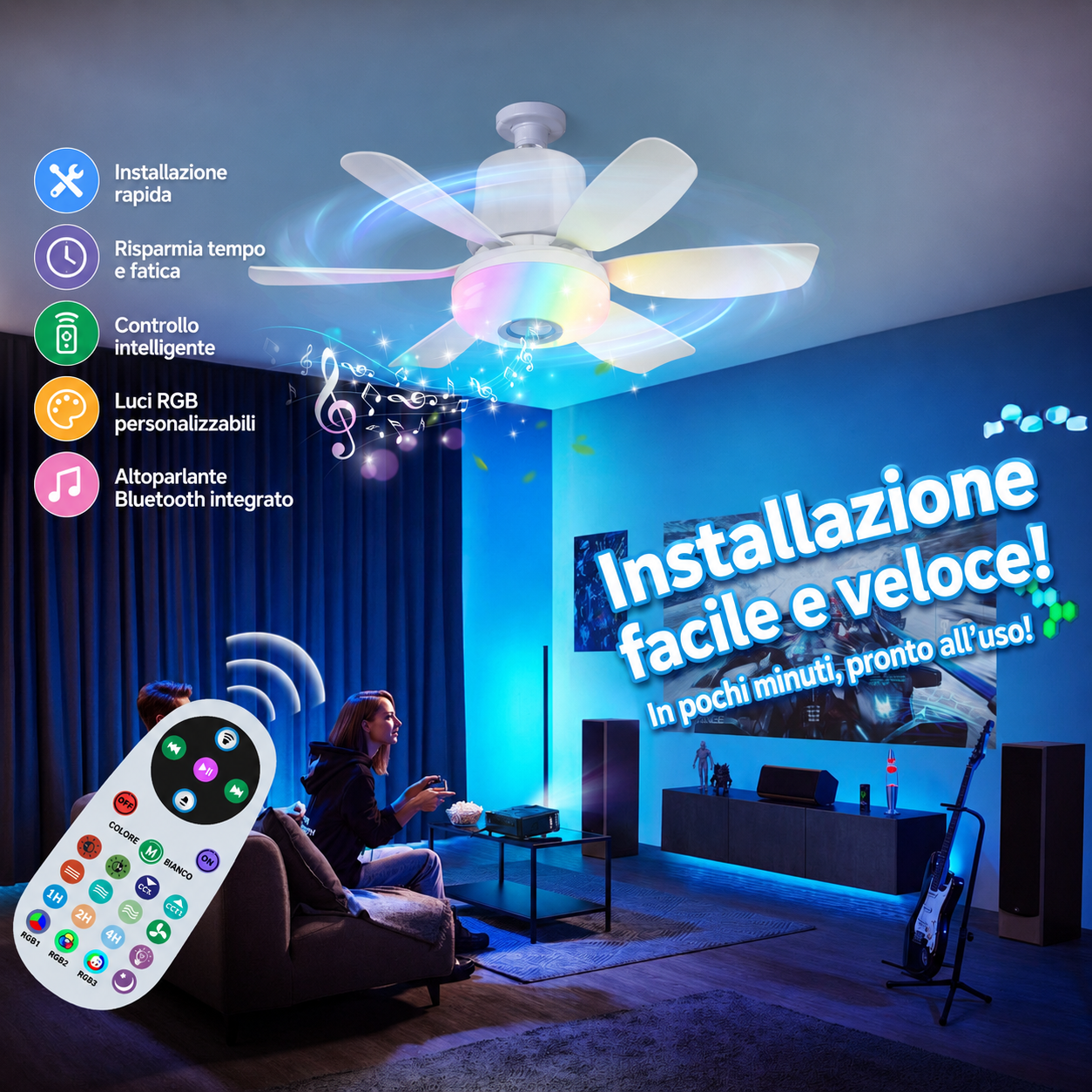 Ventilatore da Soffitto con Luce LED RGB e Altoparlante Bluetooth | Telecomando | 3 Velocità | Timer 1H/2H/4H | Luce Regolabile 3000K-6500K | Attacco E27
