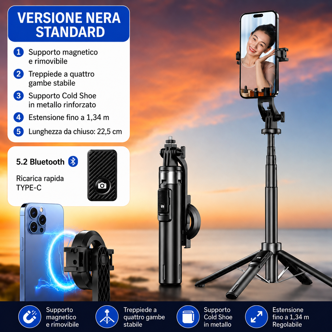 Bastone Selfie Magnetico con Treppiede Integrato, Bluetooth 5.2, Estensibile fino a 1,34 m, Supporto Smartphone MagSafe, Telecomando Wireless, Supporto da Terra per Video, Live Streaming e Foto - P135