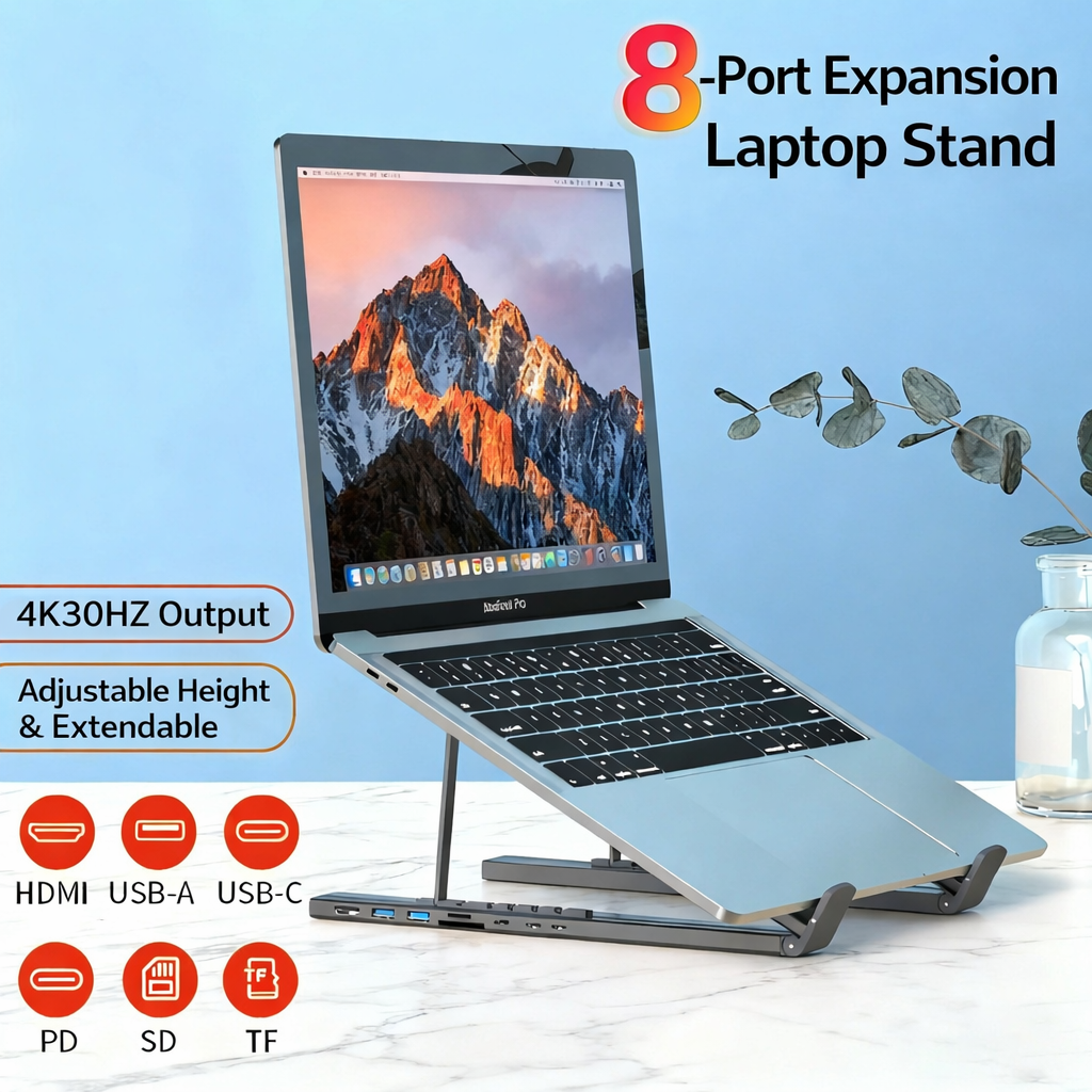 Supporto pieghevole per Laptop con HUB 8 in 1|Altezza Regolabile|Base USB-C Multifunzionale|Per MacBook/iPad/Notebook 10-17” - HUB-22