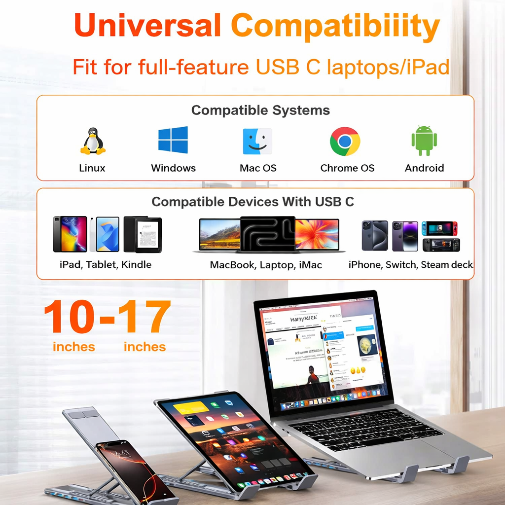 Supporto pieghevole per Laptop con HUB 8 in 1|Altezza Regolabile|Base USB-C Multifunzionale|Per MacBook/iPad/Notebook 10-17” - HUB-22