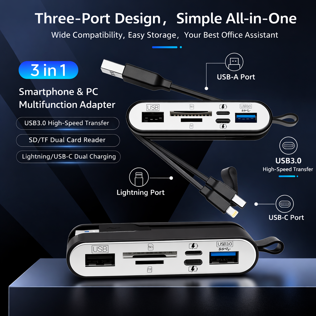 Hub 6 Porte 3-in-1 ad Alta Velocità con Lettore SD/TF + Doppia Ricarica – Compatibile con Smartphone e Computer - NK-1058