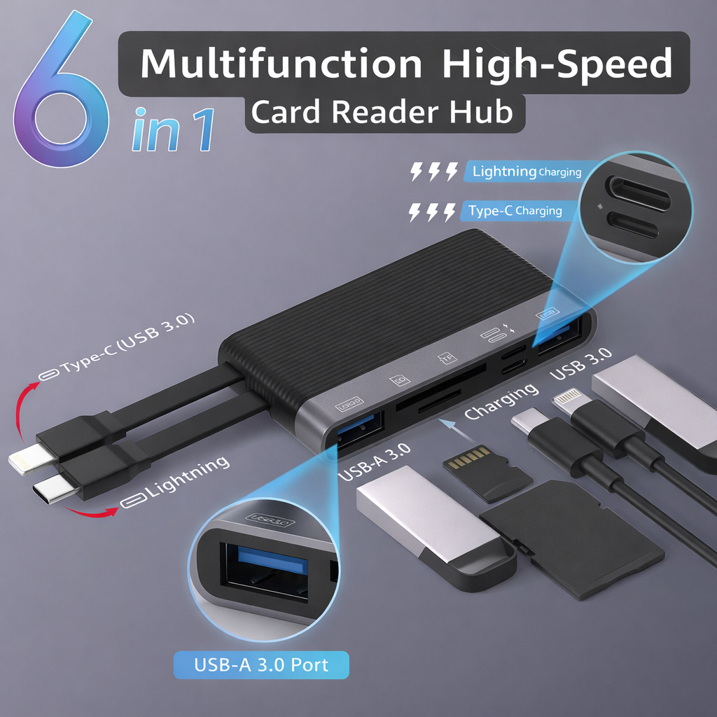 Hub 6 Porte 3-in-1 ad Alta Velocità con Lettore SD/TF + Doppia Ricarica – Compatibile con Smartphone e Computer - NK-1058