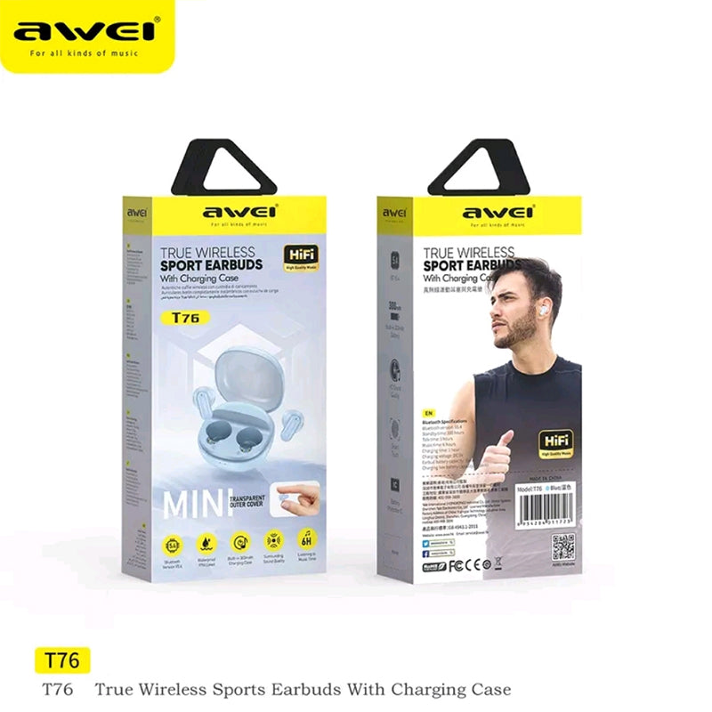 Awei T76 Auricolari Bluetooth 5.4 Sport | HiFi Suono 13mm | Chiamate HD | Custodia 300mAh | Design Mini Ultra-Leggero