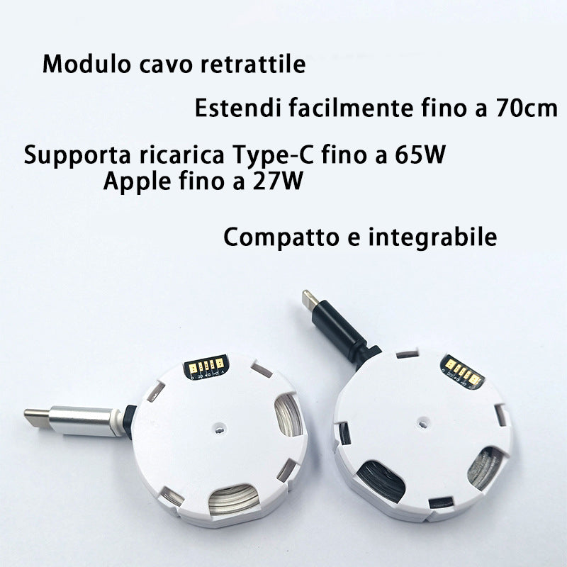Cavo retrattile 70W | Ricarica rapida | Compatibile Apple & Android | Modulo cavo singolo | Ideale per auto e ricarica wireless