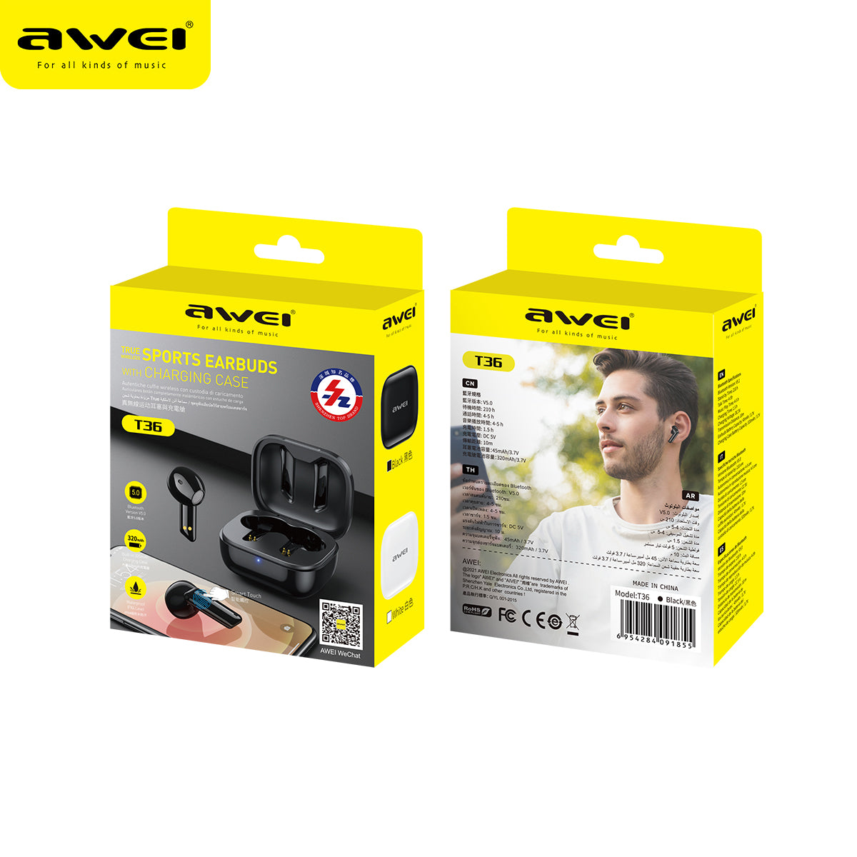 Awei T36 Auricolari Wireless Bluetooth 5.0 🎶 | Suono HiFi & Bassi Potenti 🔊 | IPX4 Waterproof 💧 | Custodia Ricarica 🔋 | Sport & Musica