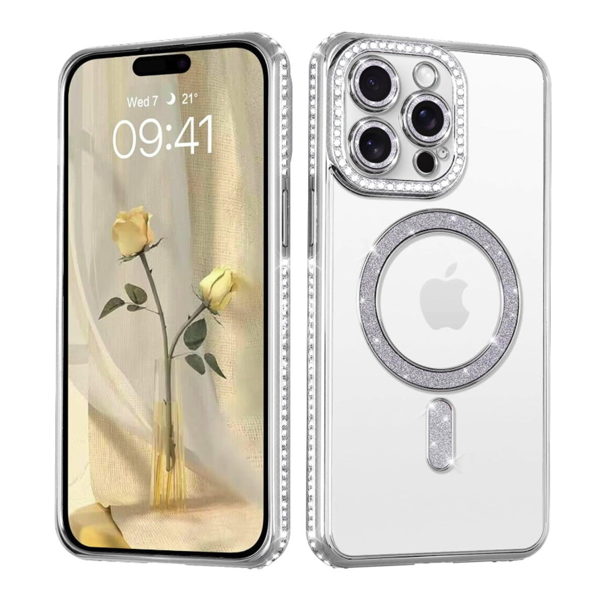 Cover per iPhone trasparente con bordi glitterati effetto diamante, compatibile con MagSafe - 6034