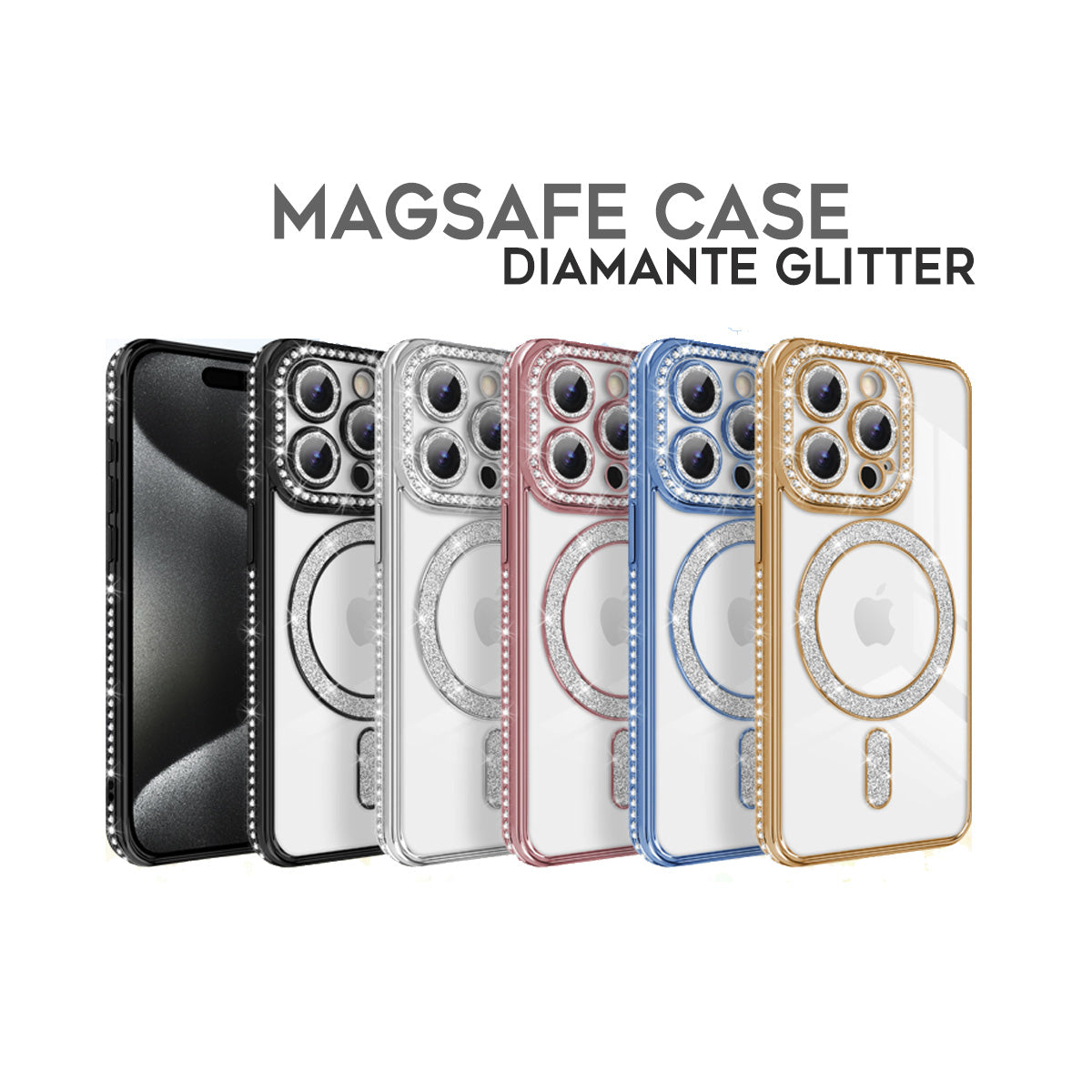 Cover per iPhone trasparente con bordi glitterati effetto diamante, compatibile con MagSafe - 6034
