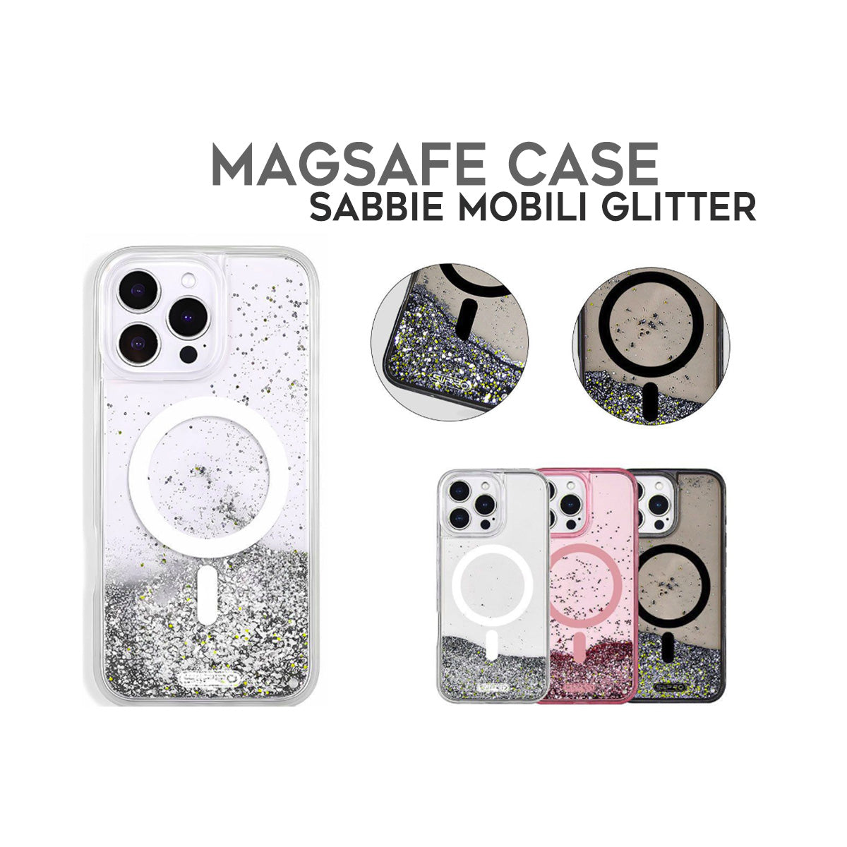 Cover per iPhone con sabbie mobili effetto brillantini e compatibile con MagSafe - 6038