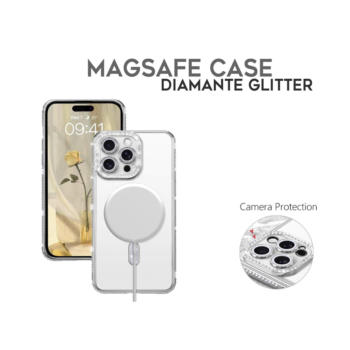 Cover per iPhone trasparente con bordi glitterati effetto diamante, compatibile con MagSafe - 6034