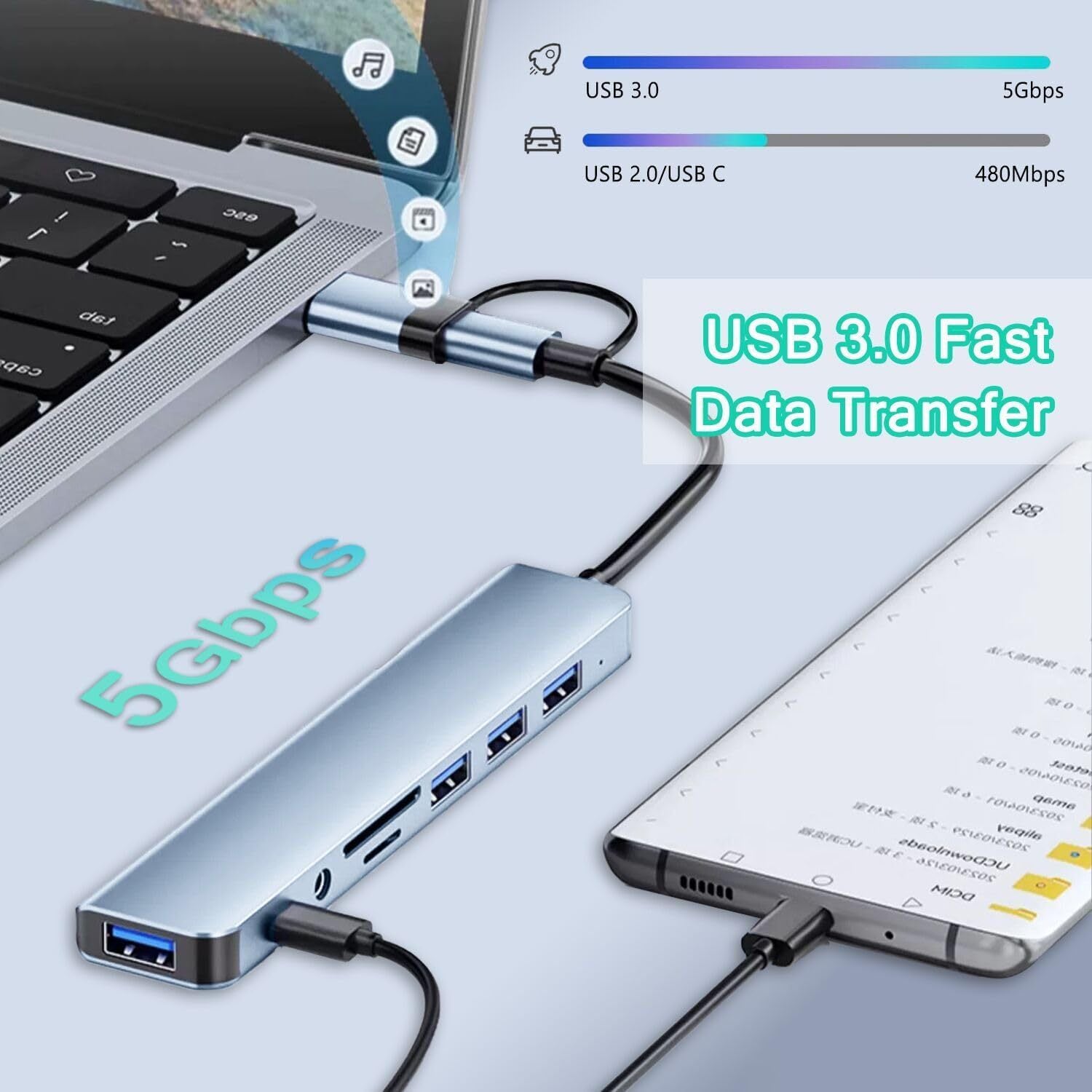 Hub USB C 8 in 1 Adattatore Type-C Multiporta con USB 3.0, USB 2.0, Lettore SD/TF e Jack Audio 3.5mm per Laptop e Tablet - HUB-8+1