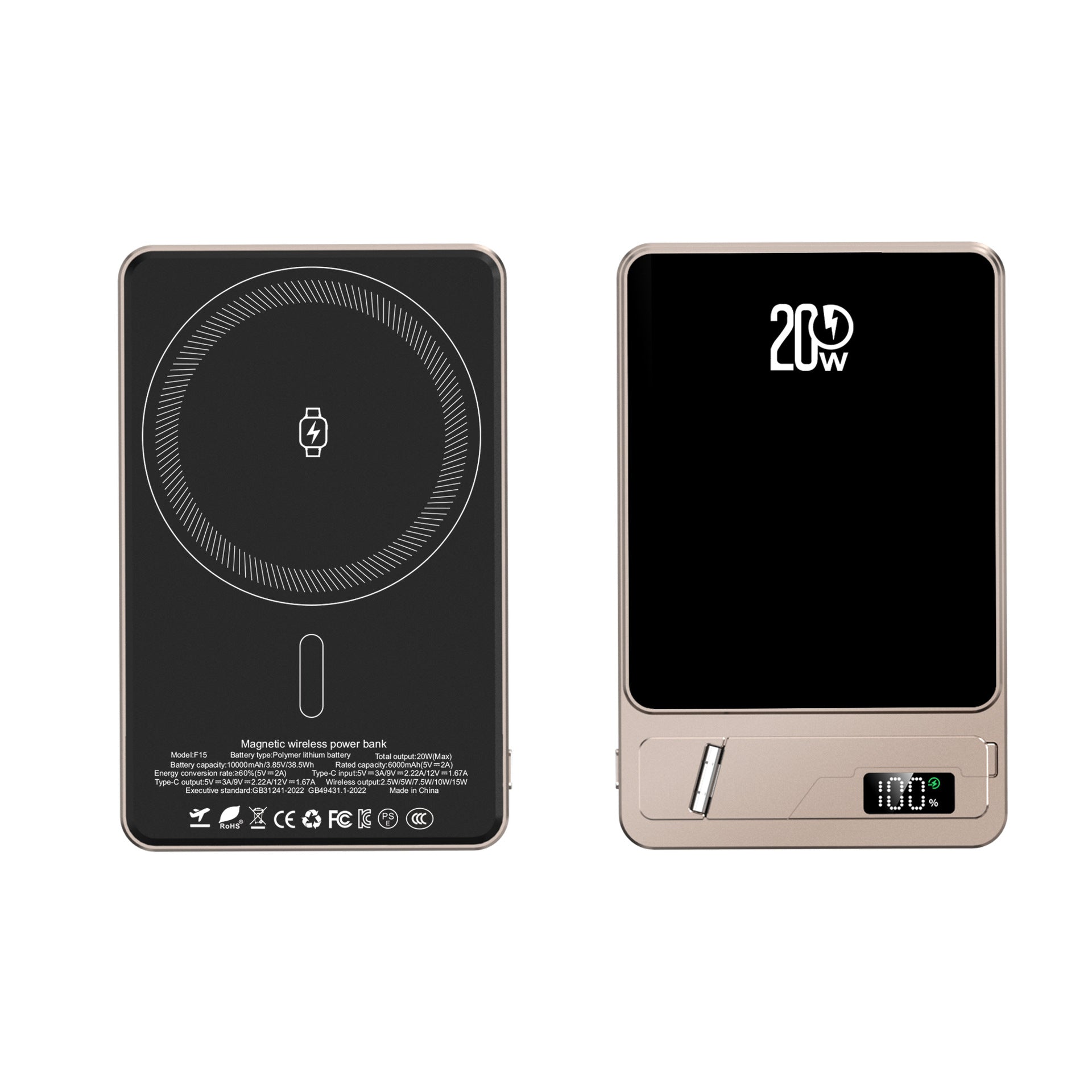 Power Bank MagSafe super sottile 3 in 1 | Ricarica rapida 20W PD + Wireless 15W | 5000mAh ultraleggero in alluminio con supporto – F15-5K