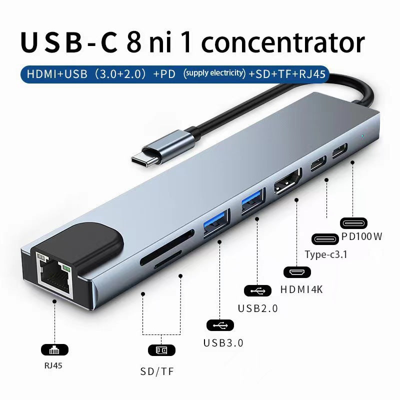 Hub USB-C 8 in 1 con HDMI 4K, Ethernet RJ45, PD 87W, USB 3.0, Lettore SD/TF – Adattatore Multiporta Type-C HUB-8+1 4K