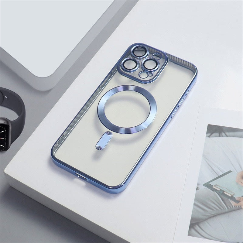 Cover per iPhone trasparente opaca con bordi colorati, compatibile con MagSafe e con protezione fotocamera - 6021