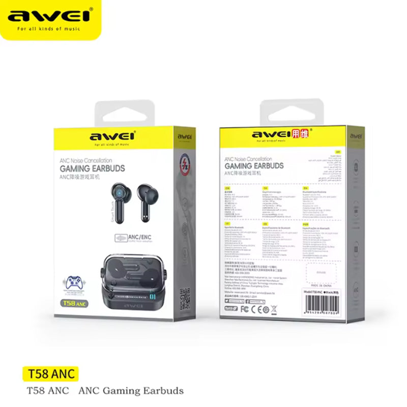 Awei T58 ANC – Auricolari Wireless Bluetooth 5.3 🎶 | Cancellazione Rumore Attiva 🔇 | 300H Autonomia 🔋 | IPX6 Sport 💦 | Custodia LED Futuristica ✨