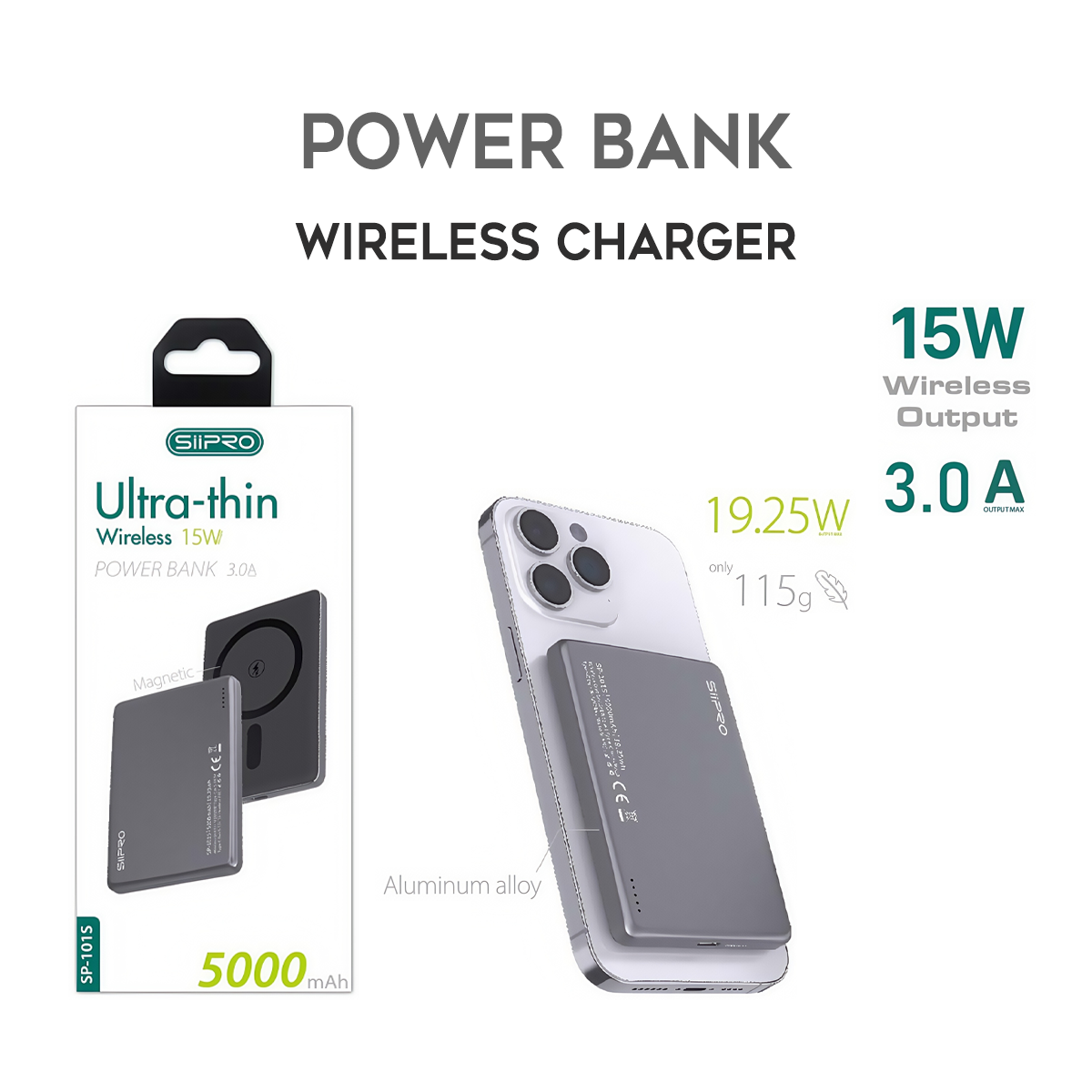 Mag Power Bank 5000 mAh - ultrasottile pesa 116g - ricarica veloce 19W (5V/9V/12V) - compatibile con MagSafe - SP-101