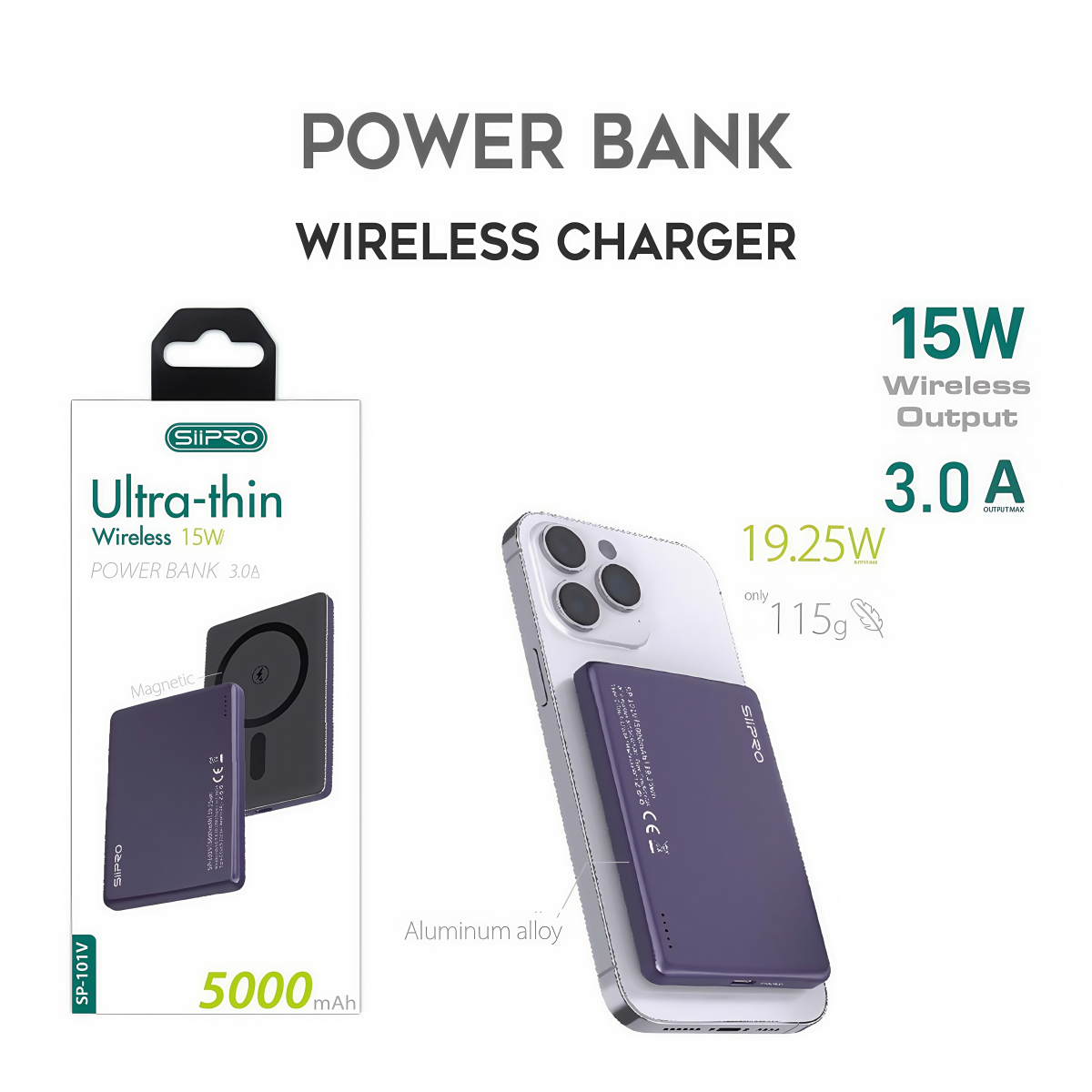 Mag Power Bank 5000 mAh - ultrasottile pesa 116g - ricarica veloce 19W (5V/9V/12V) - compatibile con MagSafe - SP-101