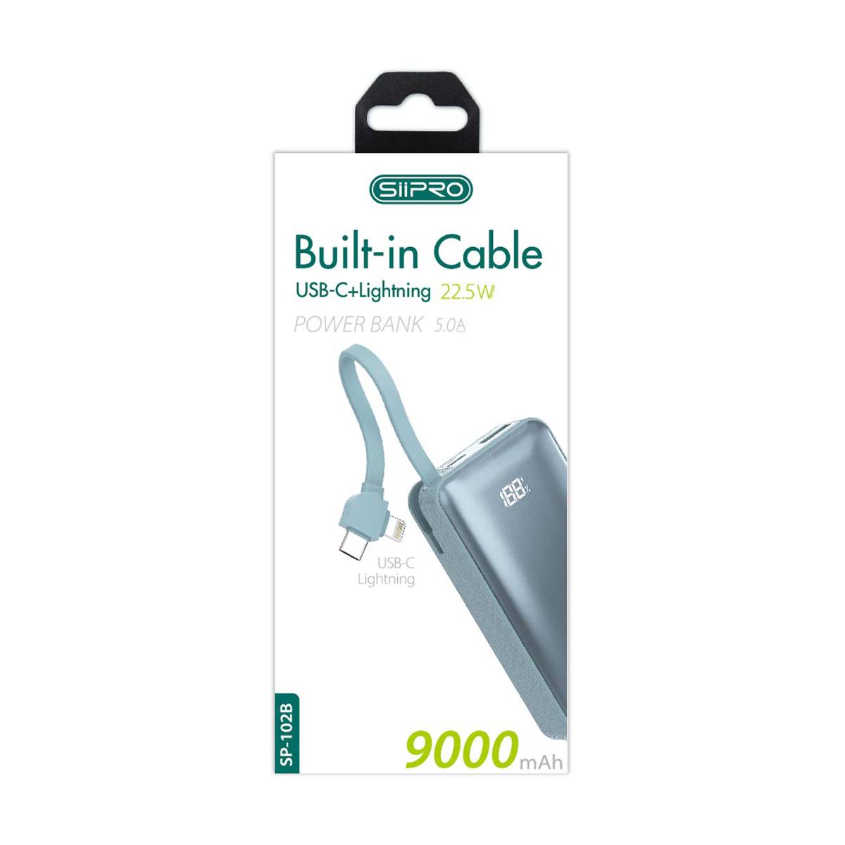 Power Bank 9000 mAh - cavo integrato (Type-C e Lightning) - ricarica veloce 22.5W (5V/9V/12V) - porte uscita Usb-A e Type C - SP-102