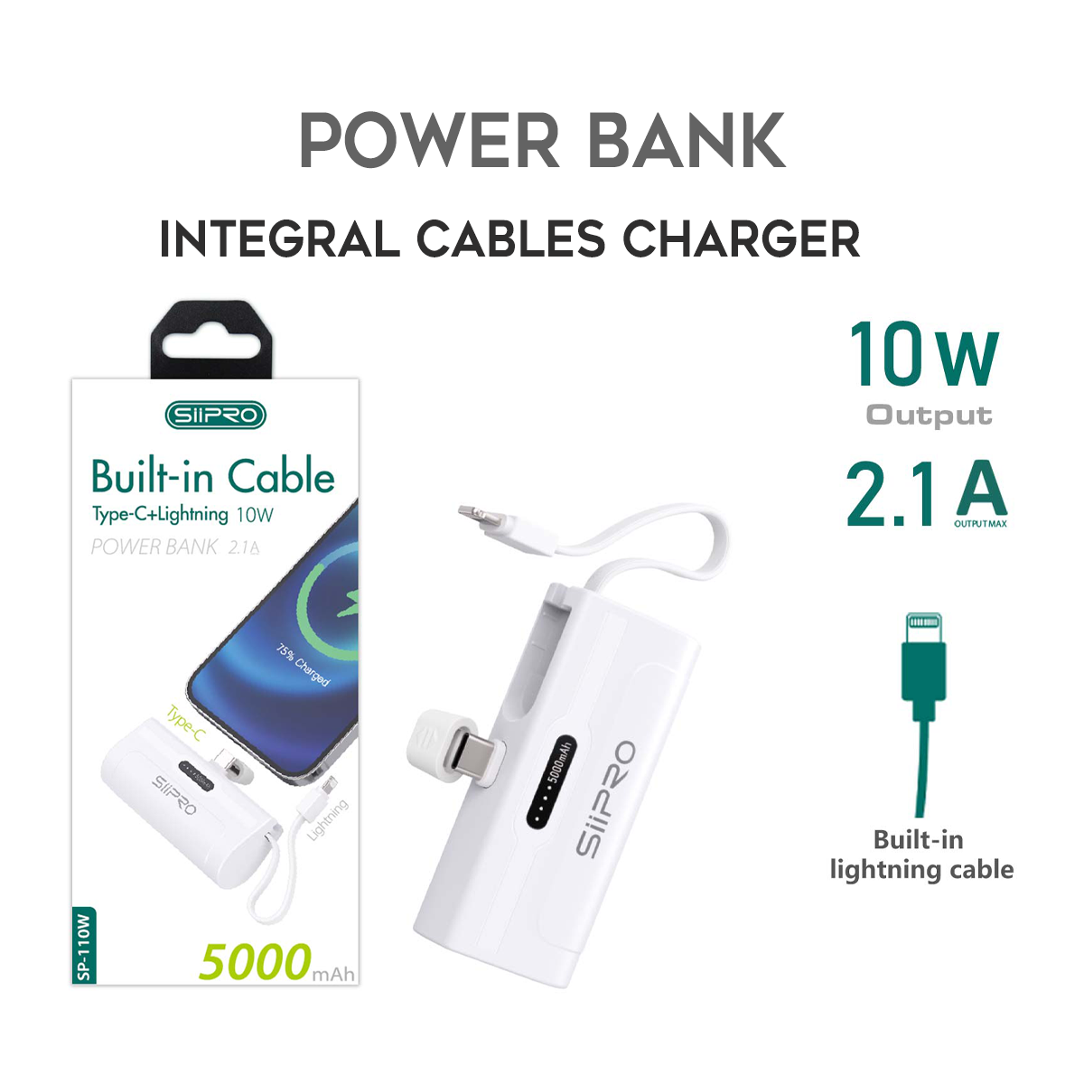 Mini Power Bank da 5000mAh 10W – con cavo integrato di Type-C e Lightning - solo 95g - SP-110