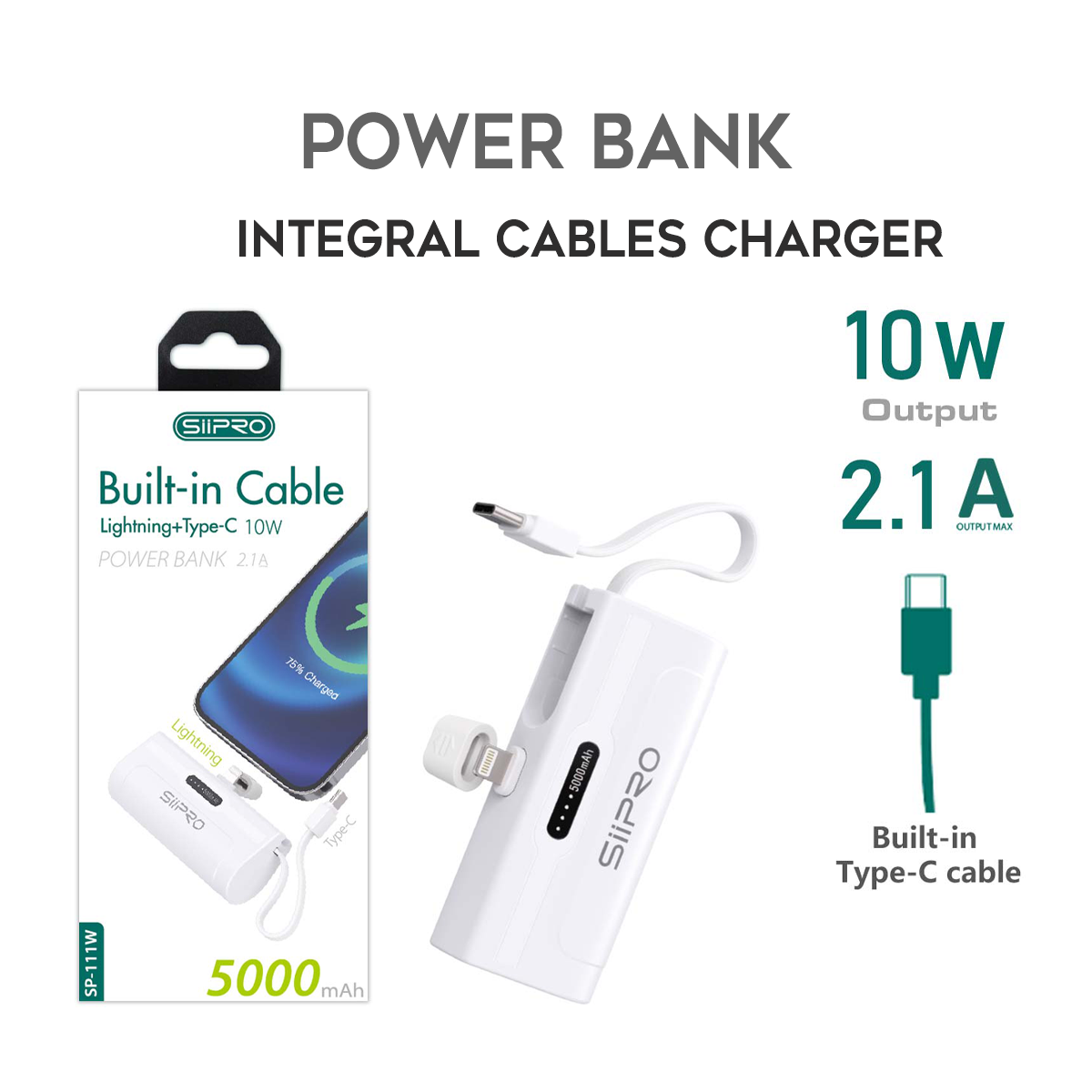 Mini Power Bank 5000mAh per iPhone – Cavo Lightning Incluso – Tascabile e Leggero 5000 mAh 10 W 2.1 A-SP-111