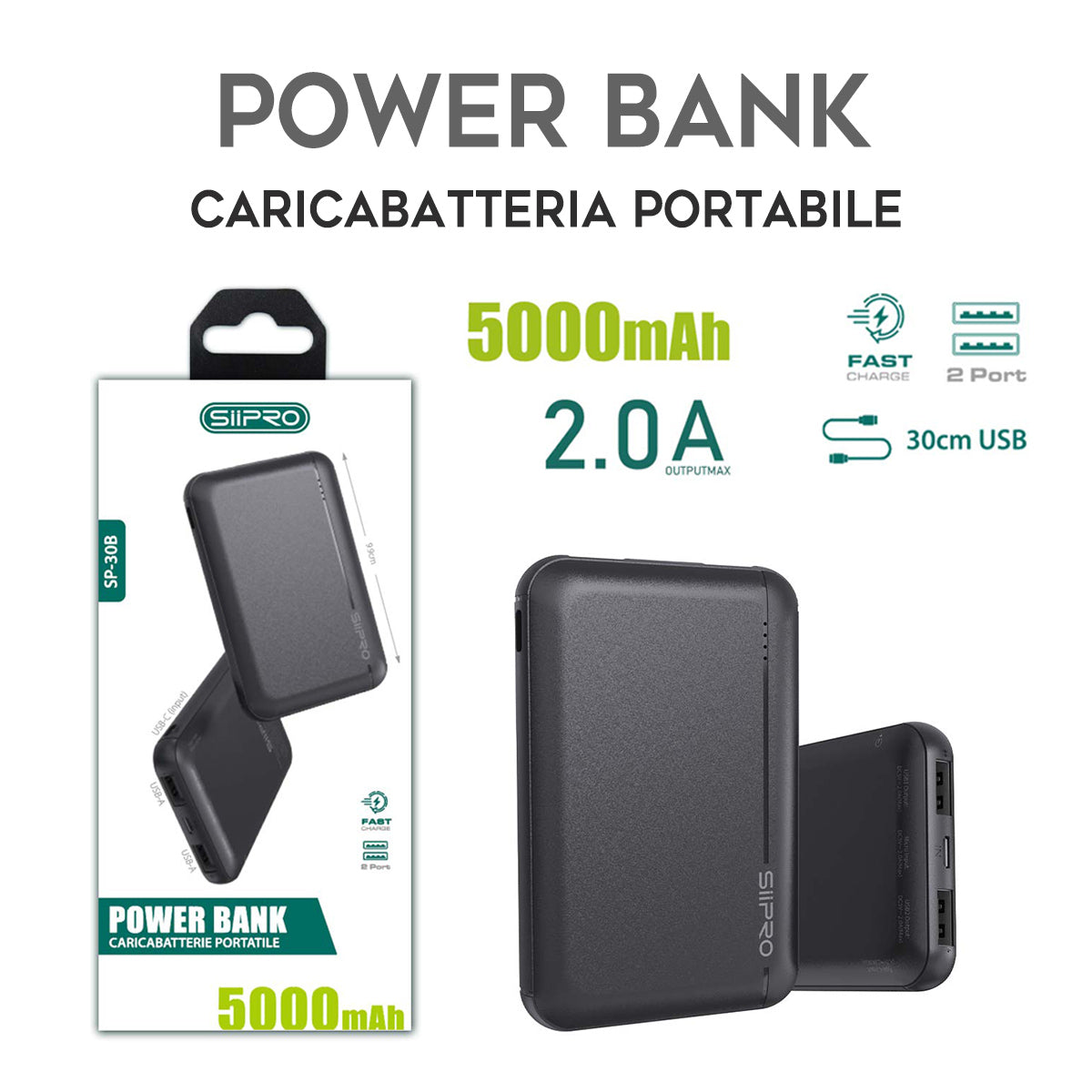 Power Bank da 5000 mAh 10W - 2 USB-A - cavo 3 in 1 incluso - SP-30