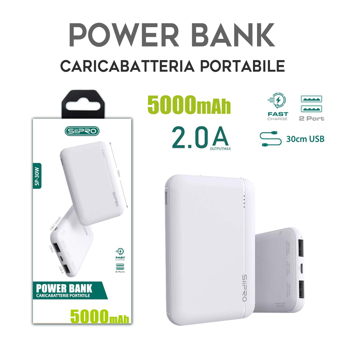 Power Bank da 5000 mAh 10W - 2 USB-A - cavo 3 in 1 incluso - SP-30