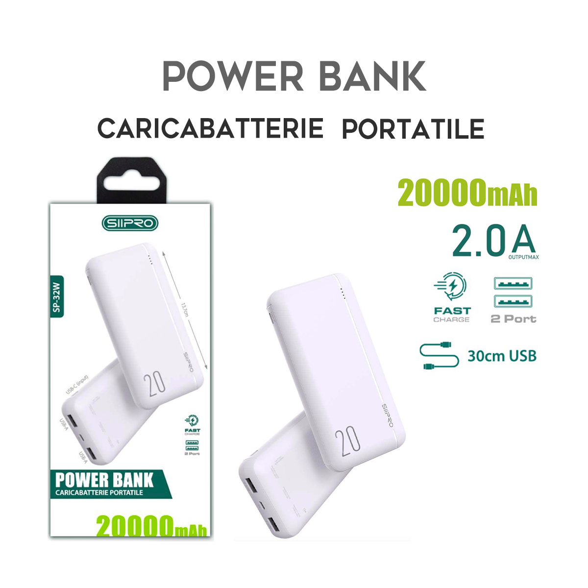 Power Bank da 20000 mAh 10W - 2 USB-A - cavo 3 in 1 incluso - SP-32