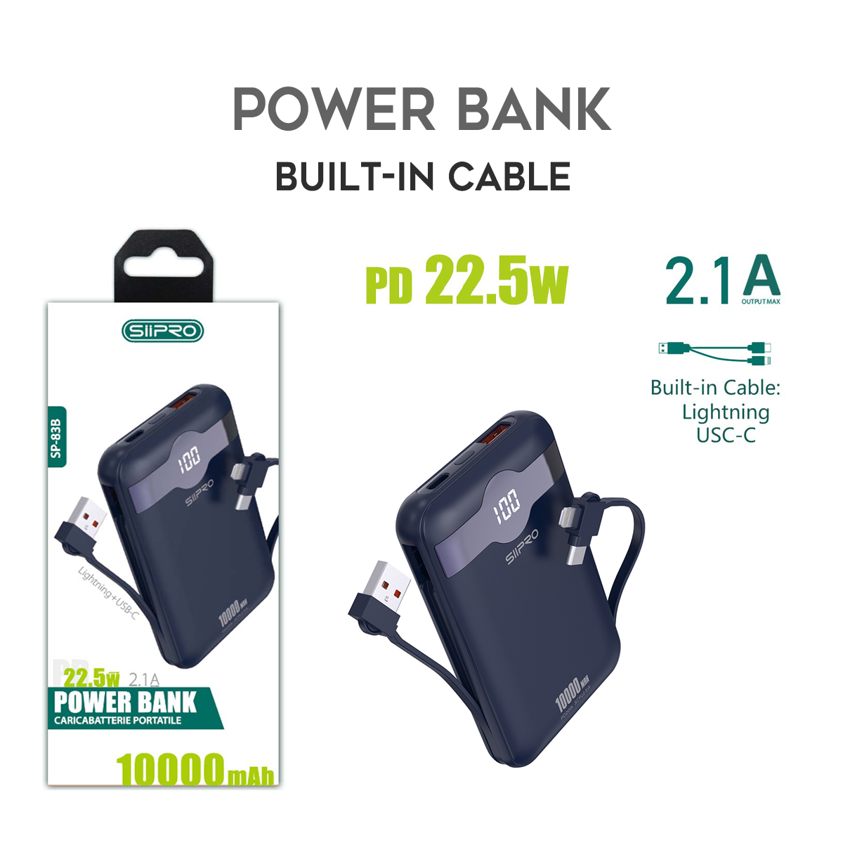 Power Bank 10.000 mAh – ricarica veloce 22.5W (5V/9V/12V) – Uscite USB-A e Type-C – Cavo integrato Type-C & Lightning – Display LED - SP-83