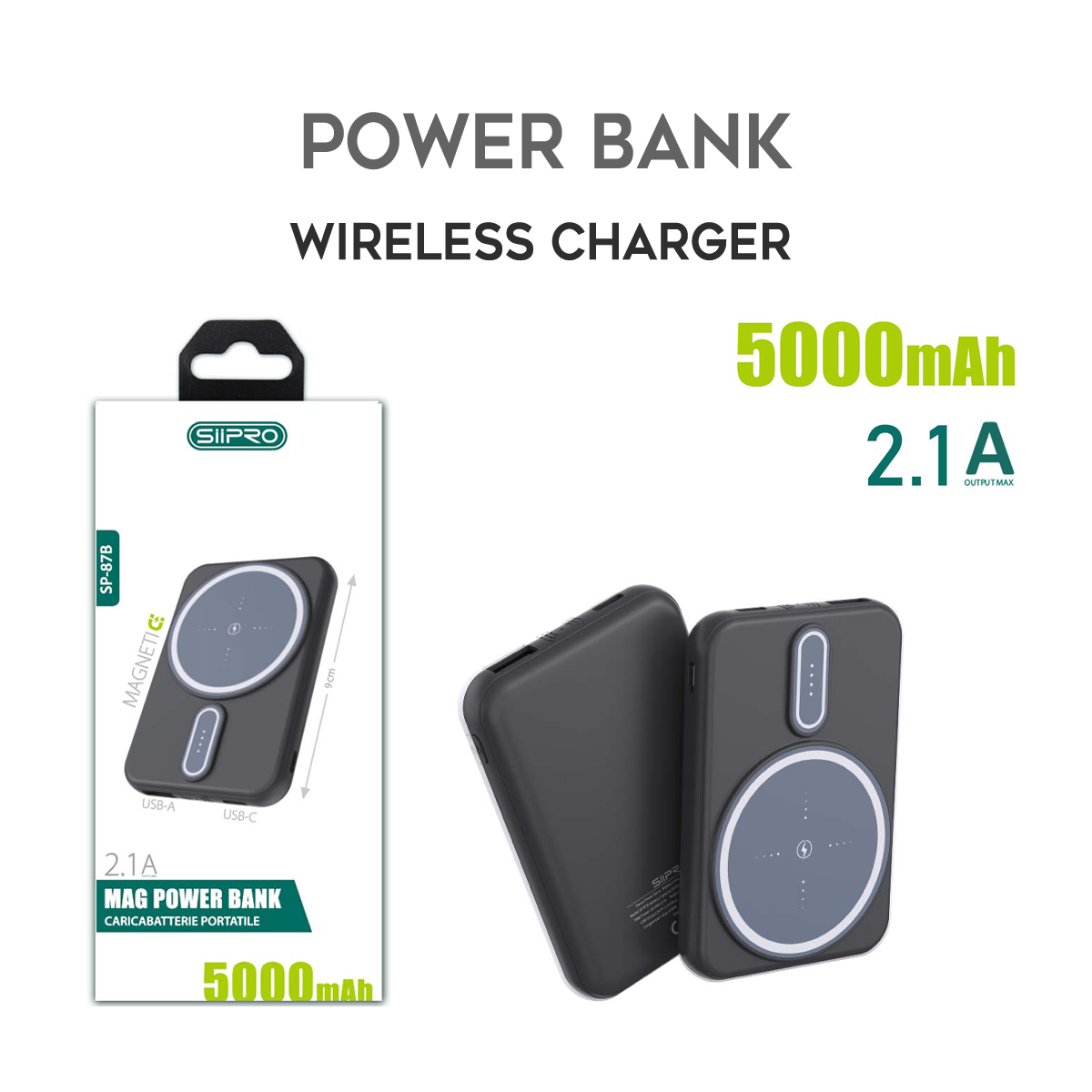 Mini Mag Power Bank da 5000 mAh 10W - compatibile con MagSafe - cavo 3 in 1 incluso - SP-87