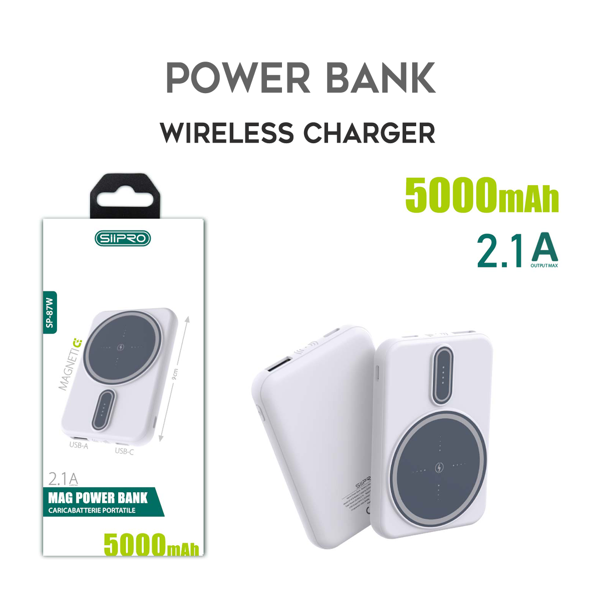 Mini Mag Power Bank da 5000 mAh 10W - compatibile con MagSafe - cavo 3 in 1 incluso - SP-87