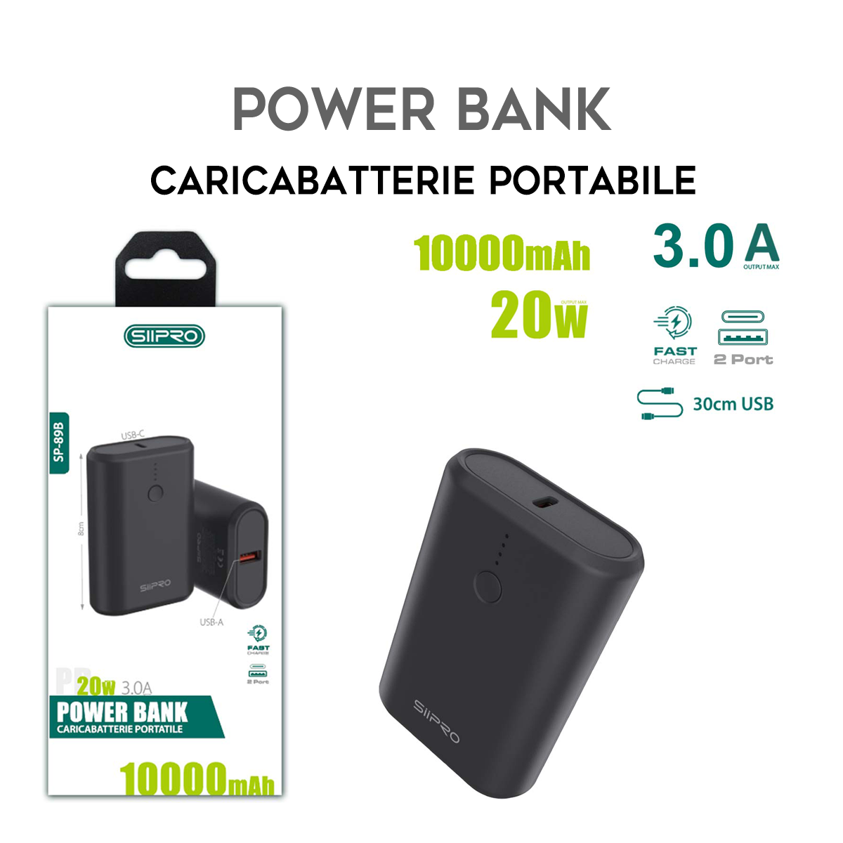 Power Bank da 10000 mAh - ricarica veloce 20W (5V/9V/12V) - uscite Type-C e Usb-A - cavo 3 in 1 incluso - SP-89