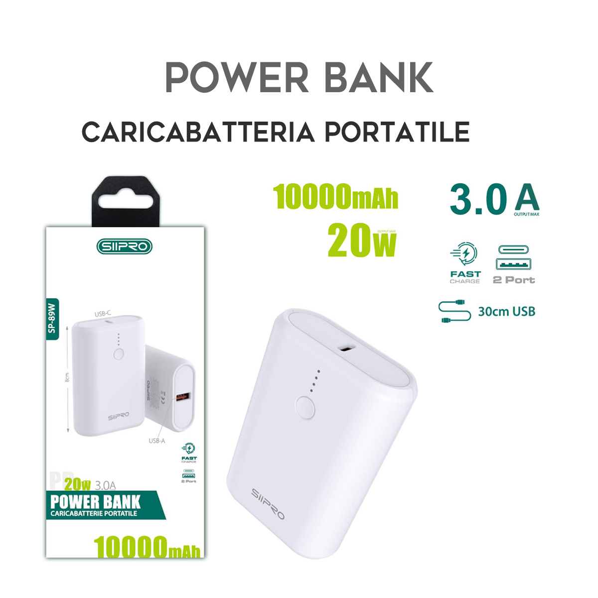 Power Bank da 10000 mAh - ricarica veloce 20W (5V/9V/12V) - uscite Type-C e Usb-A - cavo 3 in 1 incluso - SP-89