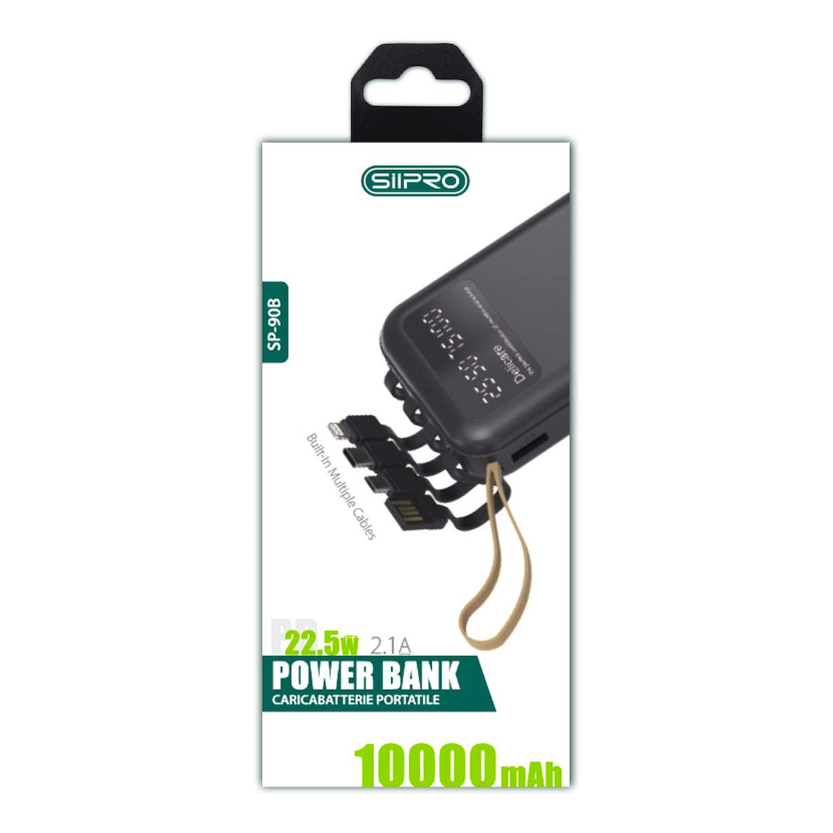 Power Bank da 10000 mAh - ricarica veloce 22.5W (5V/9V/12V) - porte di uscita Usb A e Type-C - cavi 4 in 1 integrato - SP-90