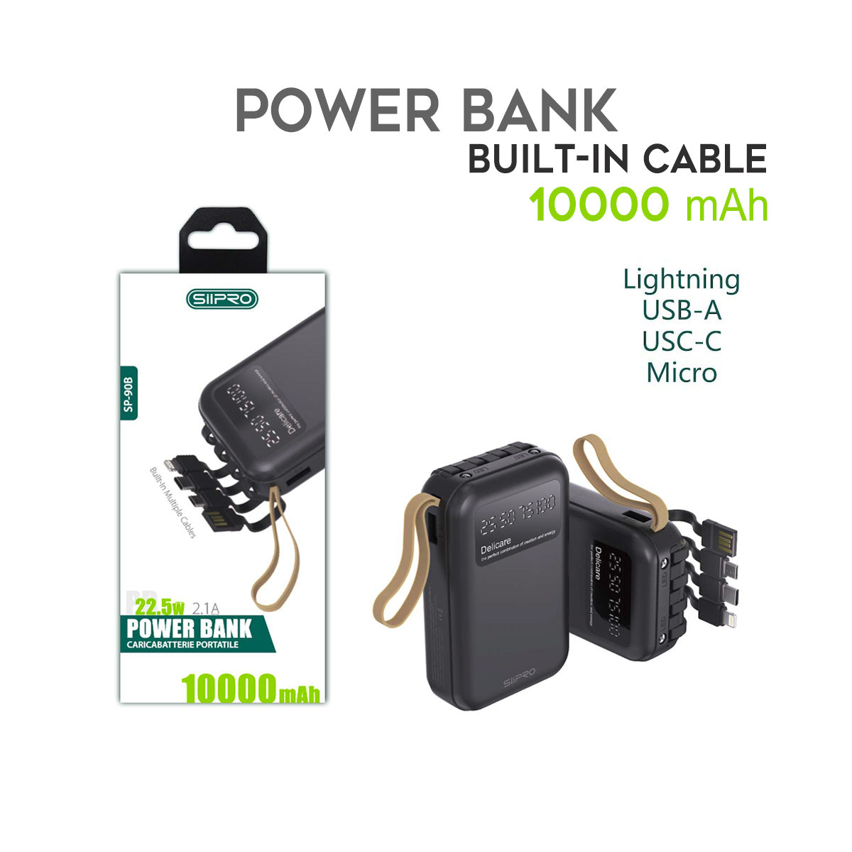 Power Bank da 10000 mAh - ricarica veloce 22.5W (5V/9V/12V) - porte di uscita Usb A e Type-C - cavi 4 in 1 integrato - SP-90