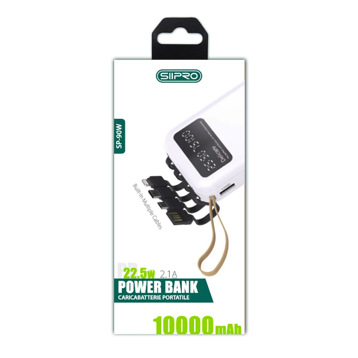 Power Bank da 10000 mAh - ricarica veloce 22.5W (5V/9V/12V) - porte di uscita Usb A e Type-C - cavi 4 in 1 integrato - SP-90