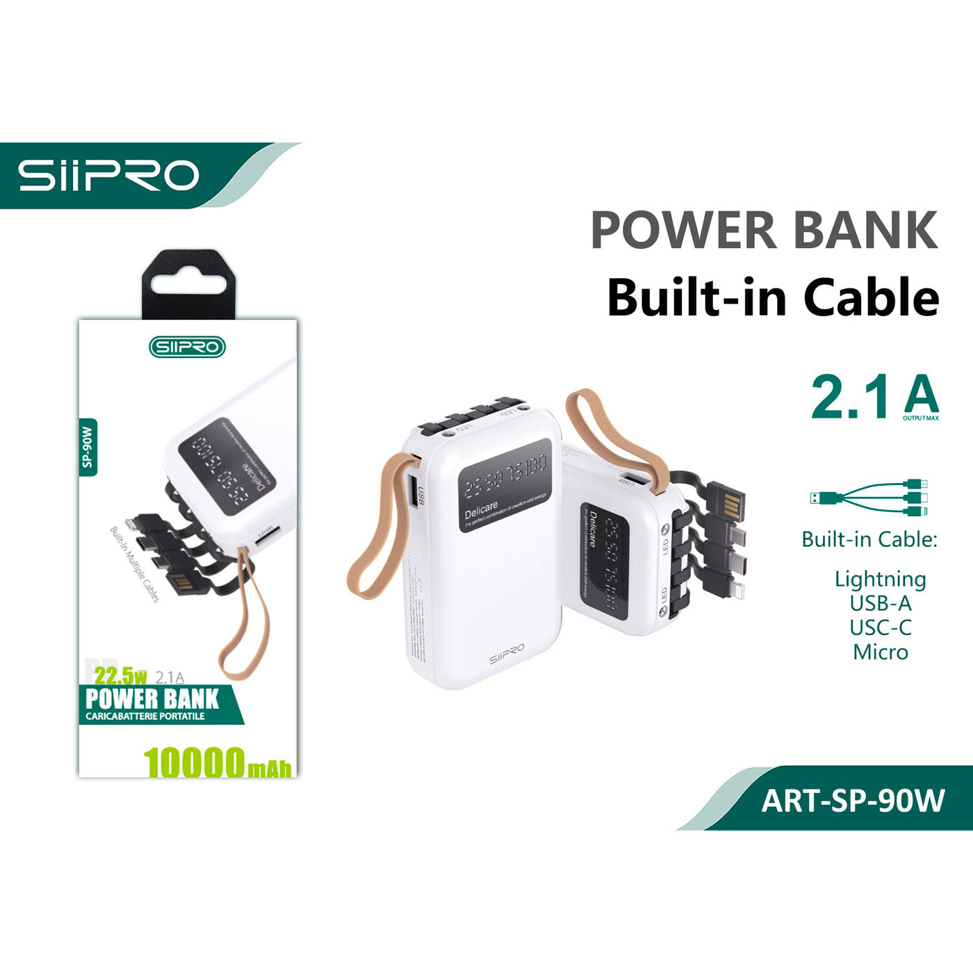Power Bank con cavi integrati da 10.000 mAh