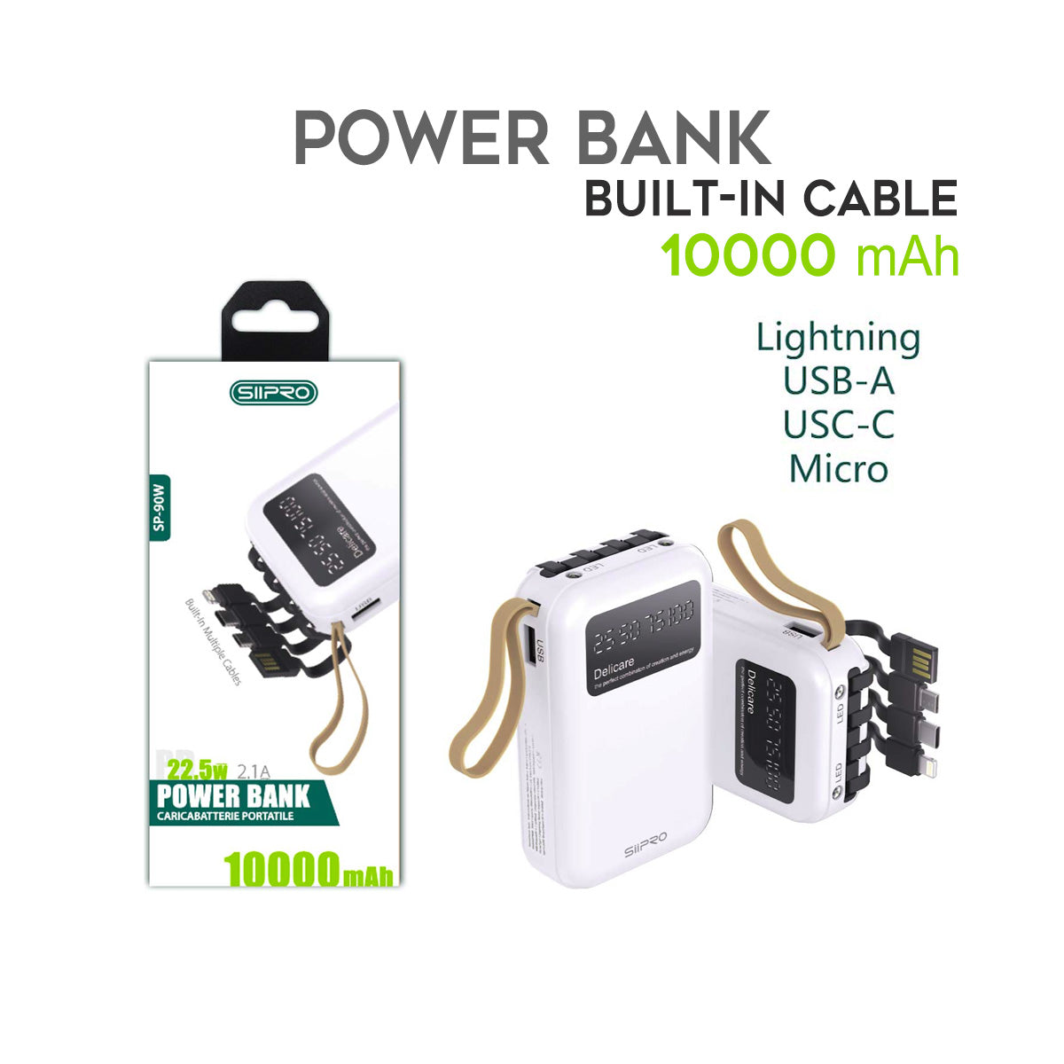 Power Bank da 10000 mAh - ricarica veloce 22.5W (5V/9V/12V) - porte di uscita Usb A e Type-C - cavi 4 in 1 integrato - SP-90