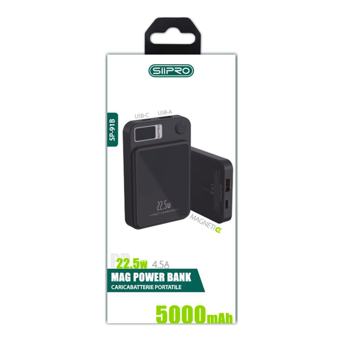 Mag Power Bank 5000 mAh - cavo 3 in 1 incluso - ricarica veloce 22.5W (5V/9V/12V) - display a led - compatibile con MagSafe - SP-91