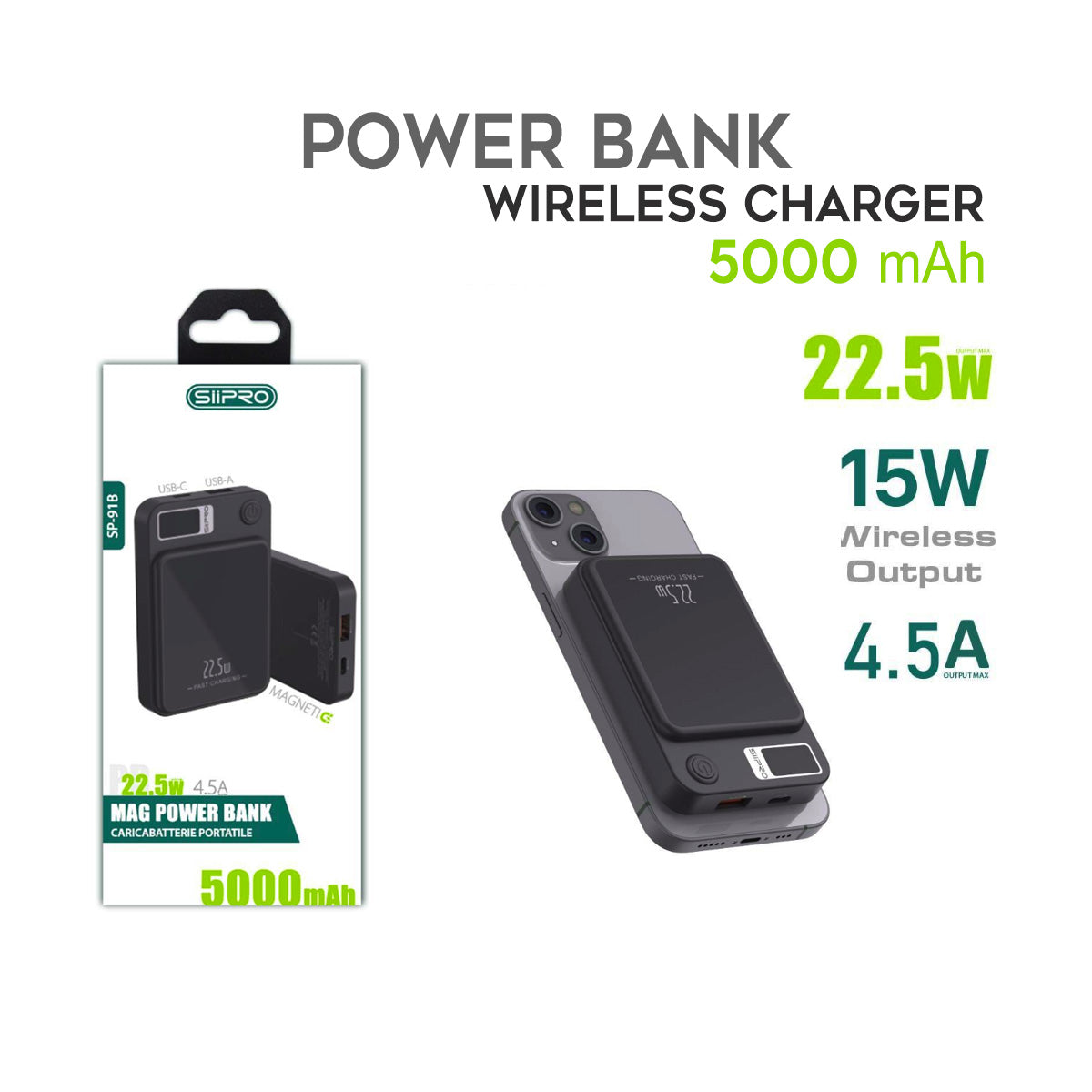 Mag Power Bank 5000 mAh - cavo 3 in 1 incluso - ricarica veloce 22.5W (5V/9V/12V) - display a led - compatibile con MagSafe - SP-91