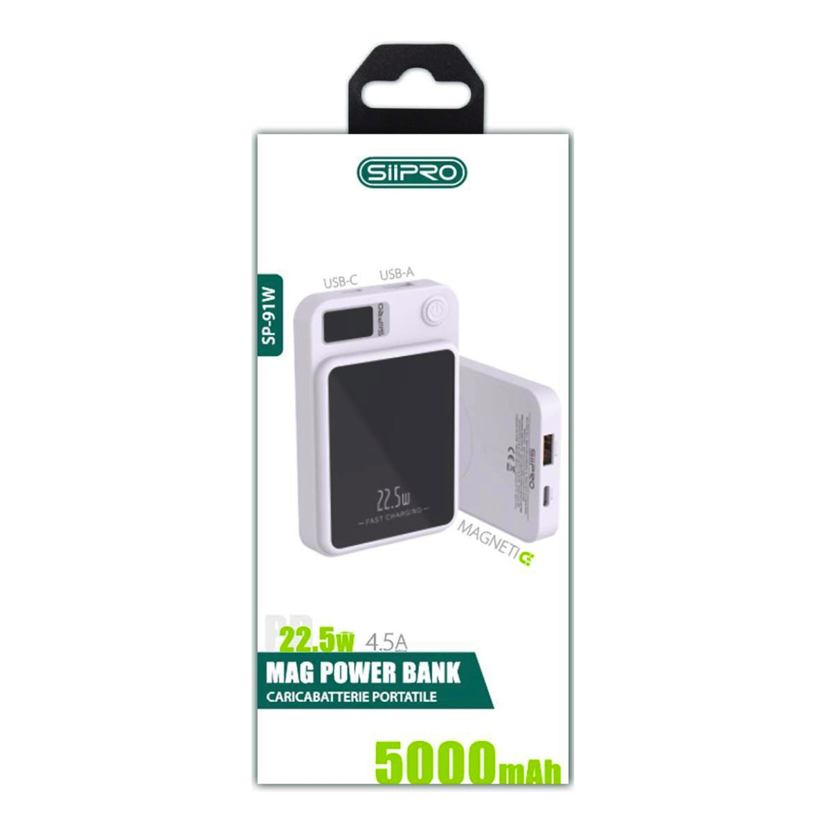 Mag Power Bank 5000 mAh - cavo 3 in 1 incluso - ricarica veloce 22.5W (5V/9V/12V) - display a led - compatibile con MagSafe - SP-91