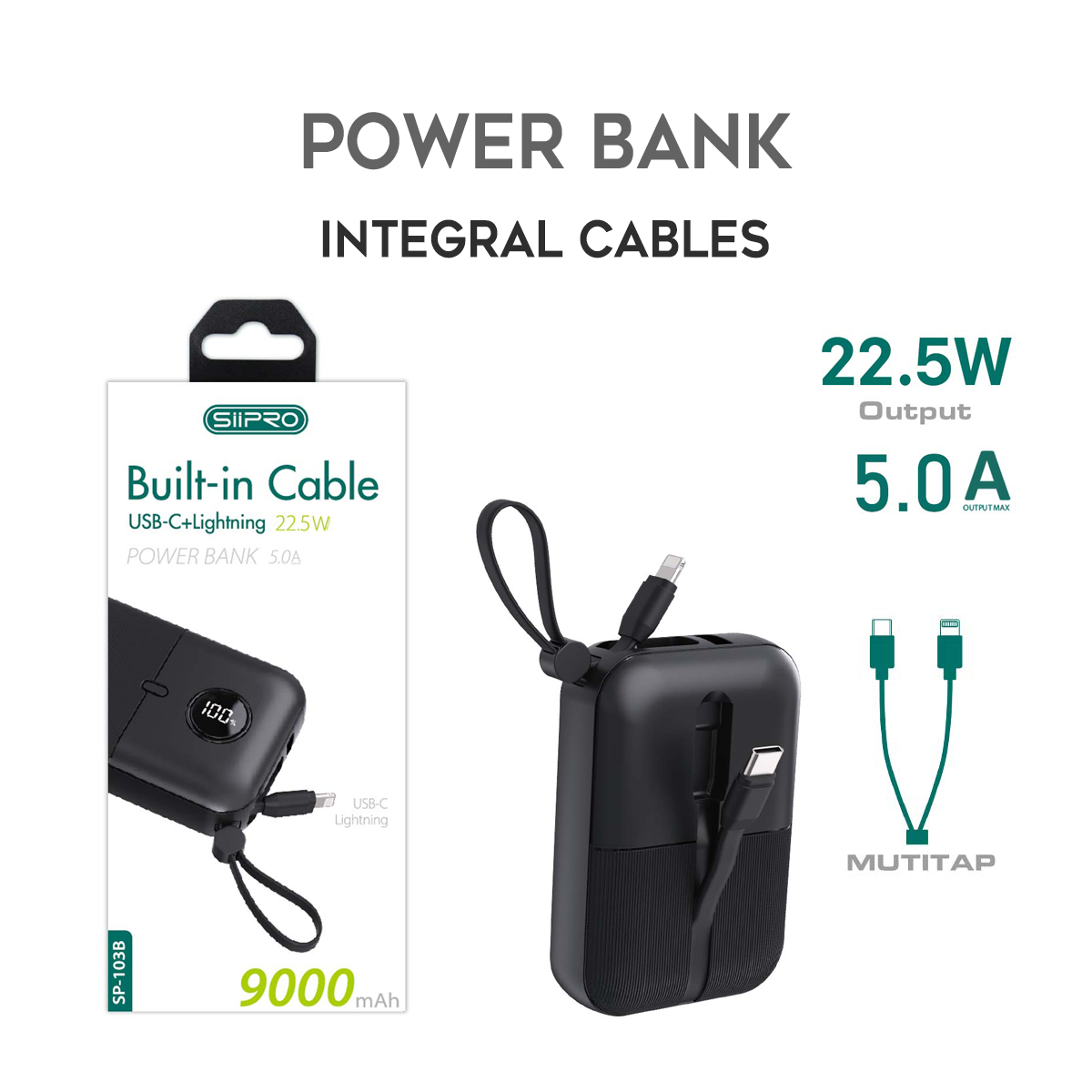 Power Bank 9000 mAh – dotato di 2 porte di uscita e 2 cavi integrati (Type-C e Lightning) – ricarica veloce 22.5W (5V/9V/12V) - SP-103