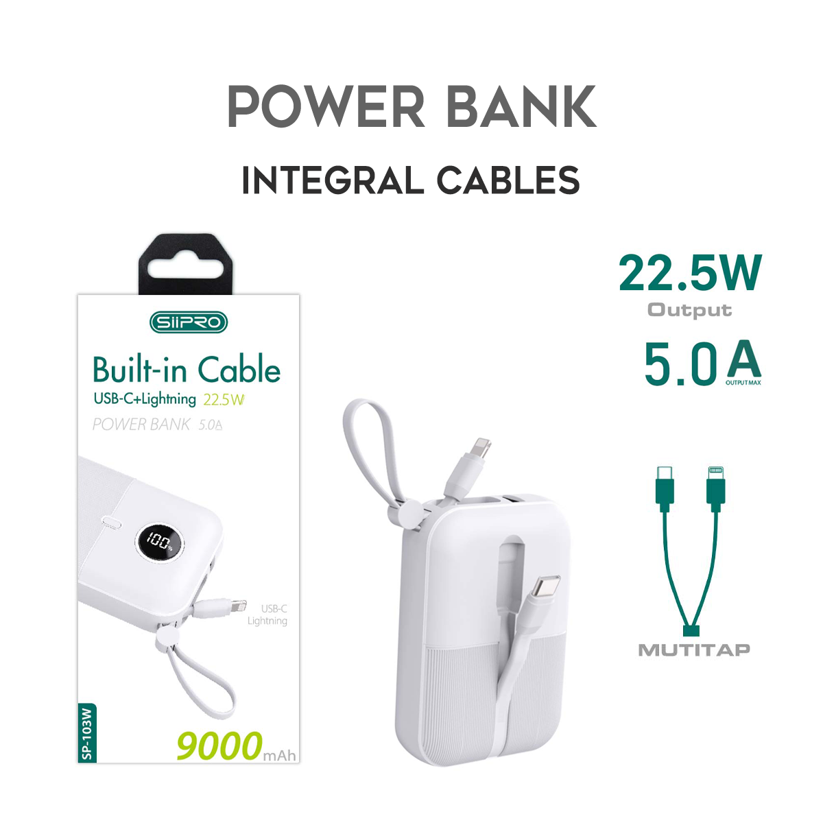 Power Bank 9000 mAh – dotato di 2 porte di uscita e 2 cavi integrati (Type-C e Lightning) – ricarica veloce 22.5W (5V/9V/12V) - SP-103