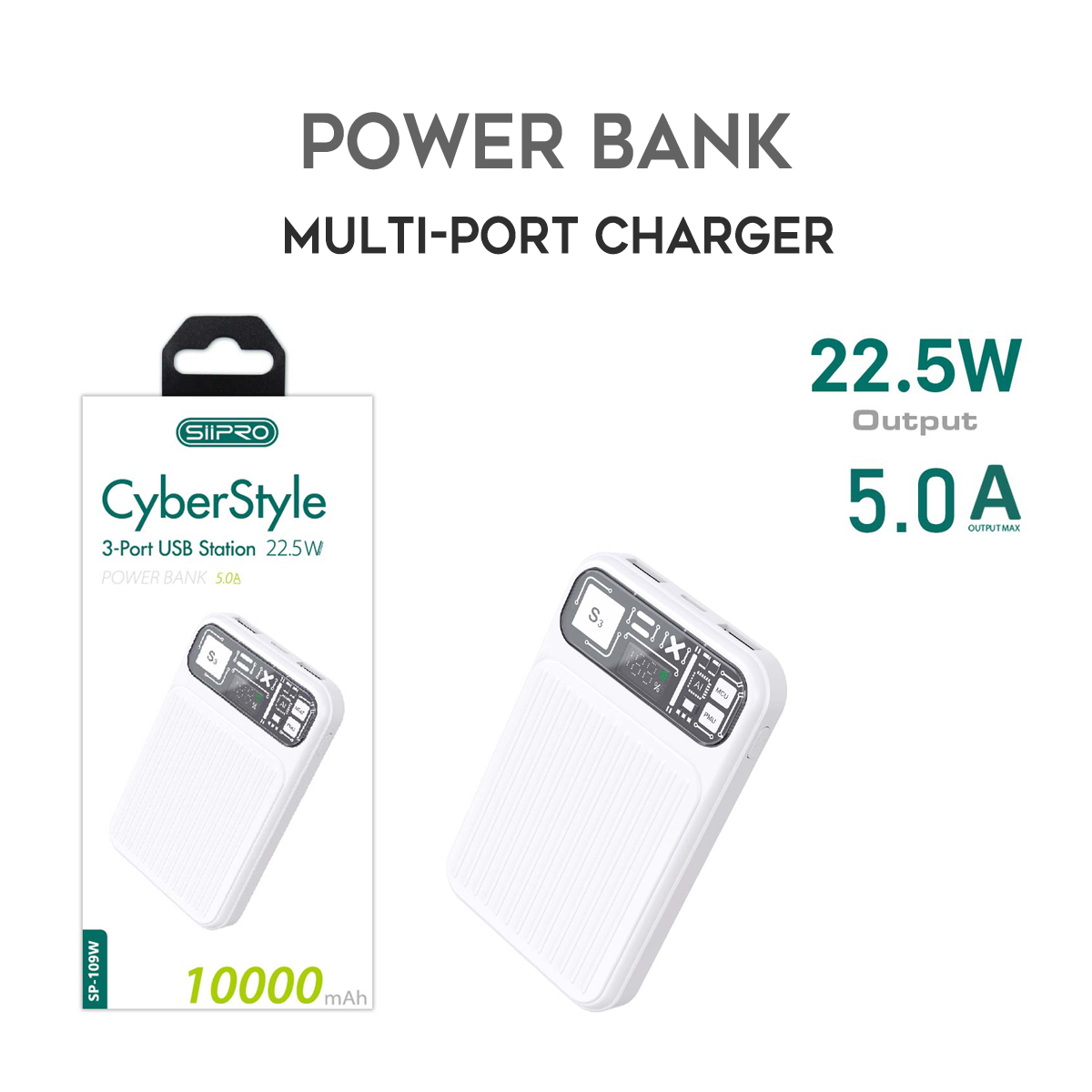 Power Bank 10.000 mAh – ricarica veloce 22.5W (5V/9V/12V) - Uscite USB-A e 2 Type-C – Display a led - Design elegante e tecnologico - SP-109
