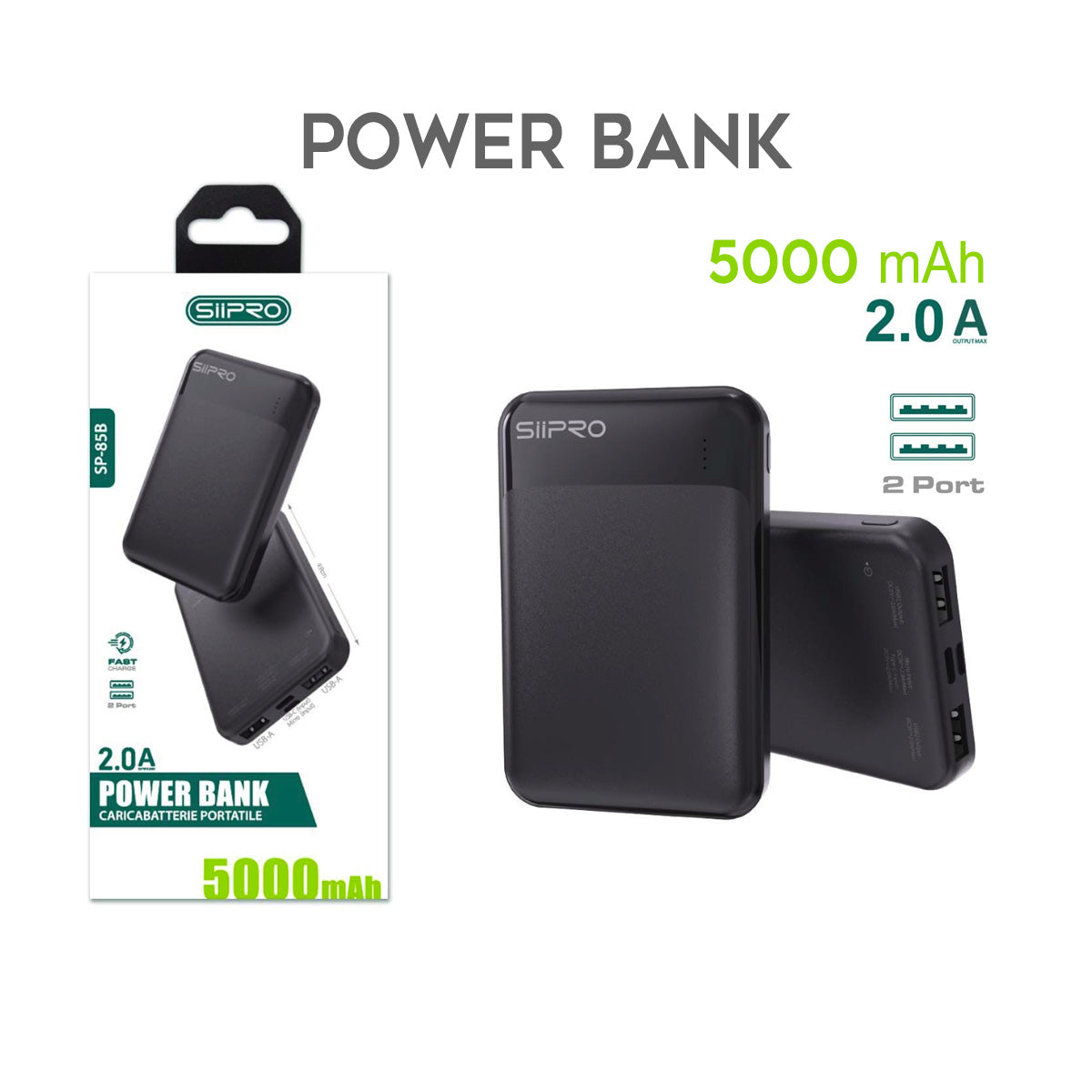 Power Bank da 5000 mAh 10W - 2 USB 2.0A - design lucidata - SP-85
