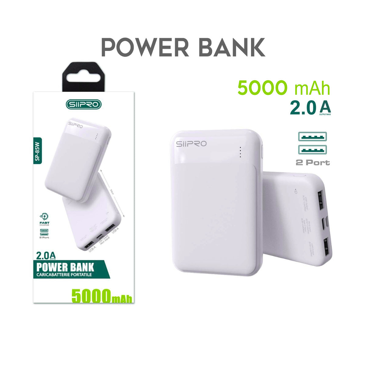 Power Bank da 5000 mAh 10W - 2 USB 2.0A - design lucidata - SP-85