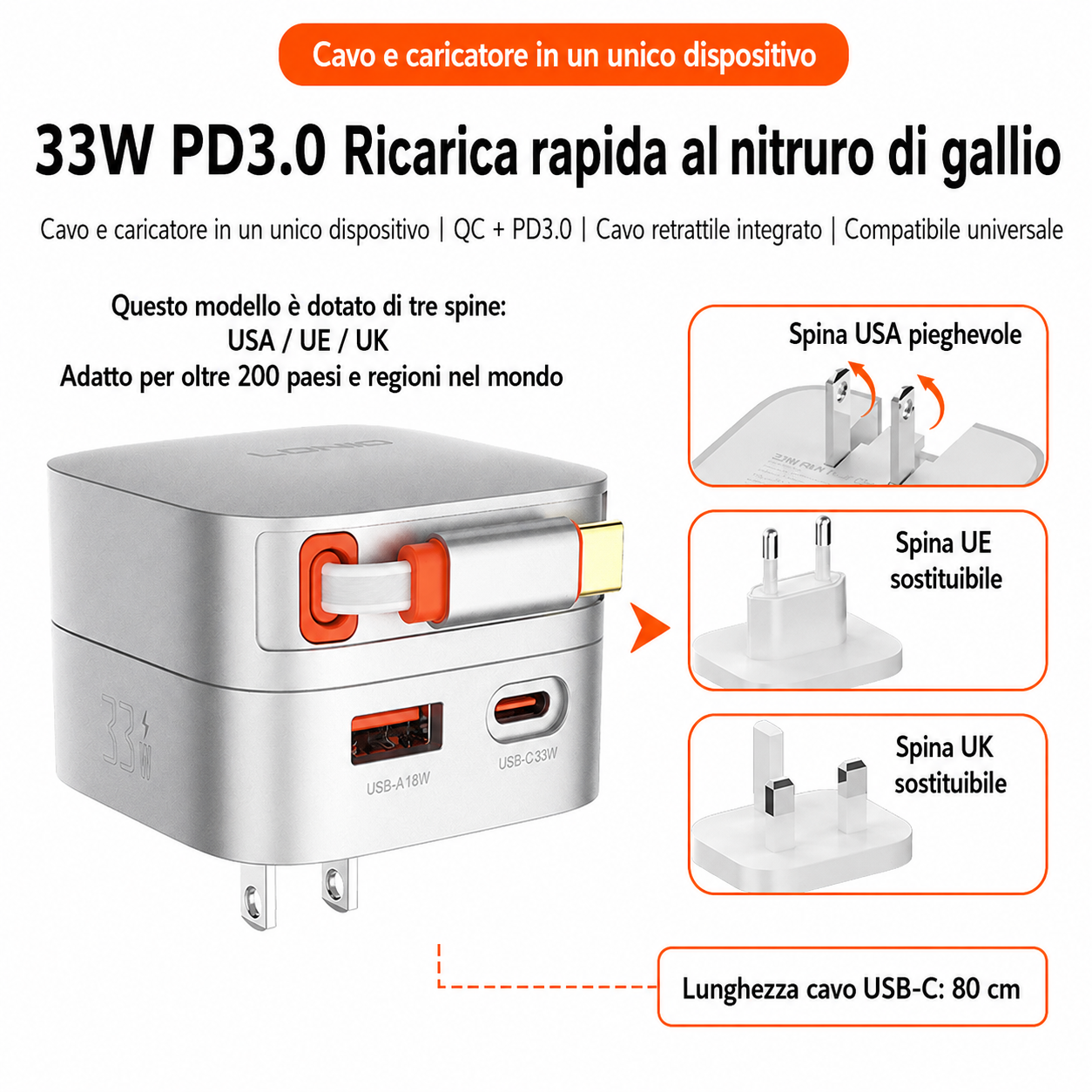 Caricatore GaN 65W PD 3.0 con Cavo USB-C Retrattile Integrato | USB-C + USB-A | Ricarica Rapida per Notebook, Smartphone e Tablet - Q10-65W